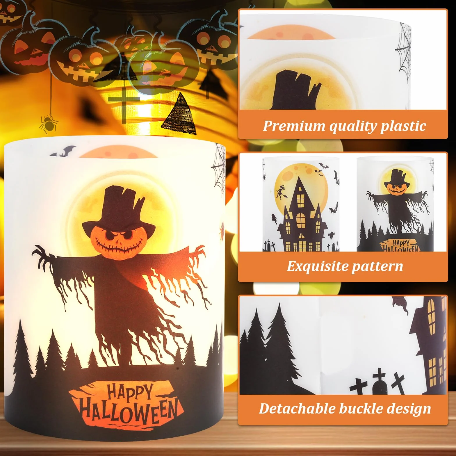 12 sztuk lampionów dekoracja stołu na Halloween, dekoracja stołu, nietoperze, czarownica, pajęczyny, zamki na Halloween, dekoracja świec, do wewnątrz i na zewnątrz