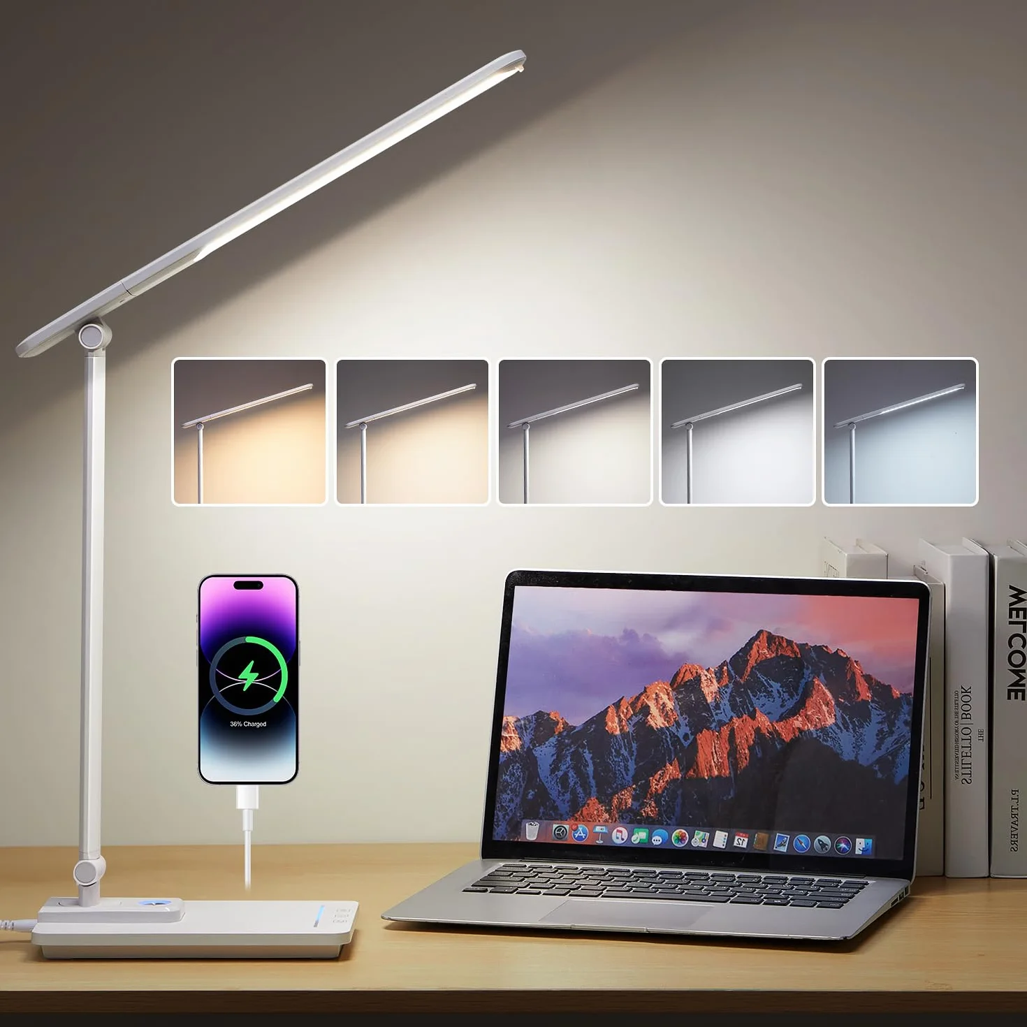 Coolnight Lampa biurkowa z 72 diodami LED, 900 LM, 3 poziomy jasności, 5 kolorów, lampa stołowa z portem USB, dotykowa lampka nocna, regulowana lampa LED z lampką nocną, biała lampa biurkowa