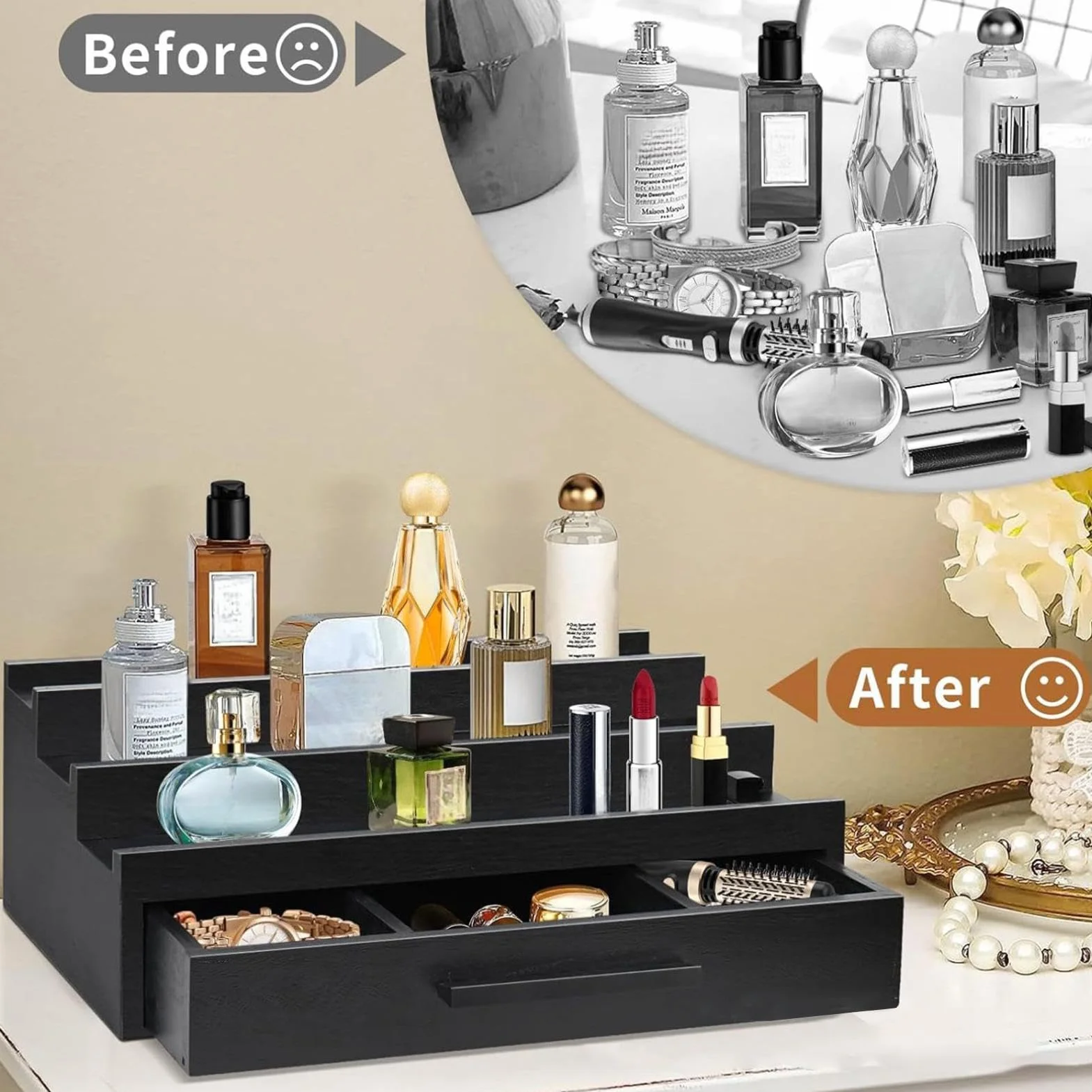 Czarny organizer na perfumy, drewniana taca na perfumy, stojak na perfumy, męski stojak na perfumy, stylowy organizer do komody, elegancka taca z czarnym wykończeniem, wielofunkcyjna taca na perfumy,