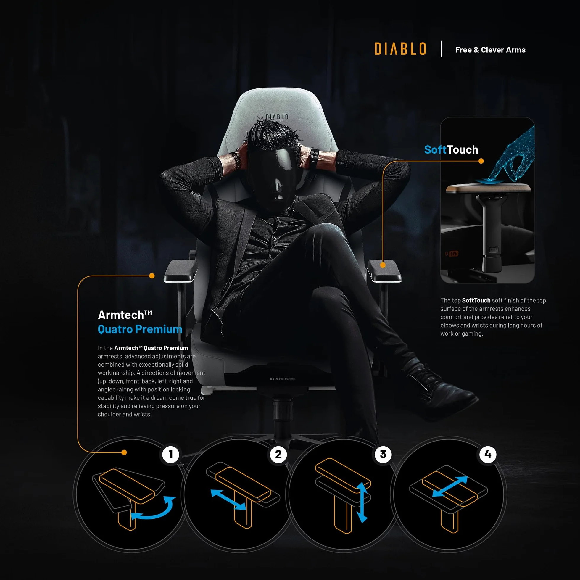 Diablo Fotel gamingowy X.Eye Prime Ergonomiczny Tkanina PC Fotel z Magnetycznym Zagłówkiem Funkcja chłodzenia Wytrzymały Tkanina 140 kg