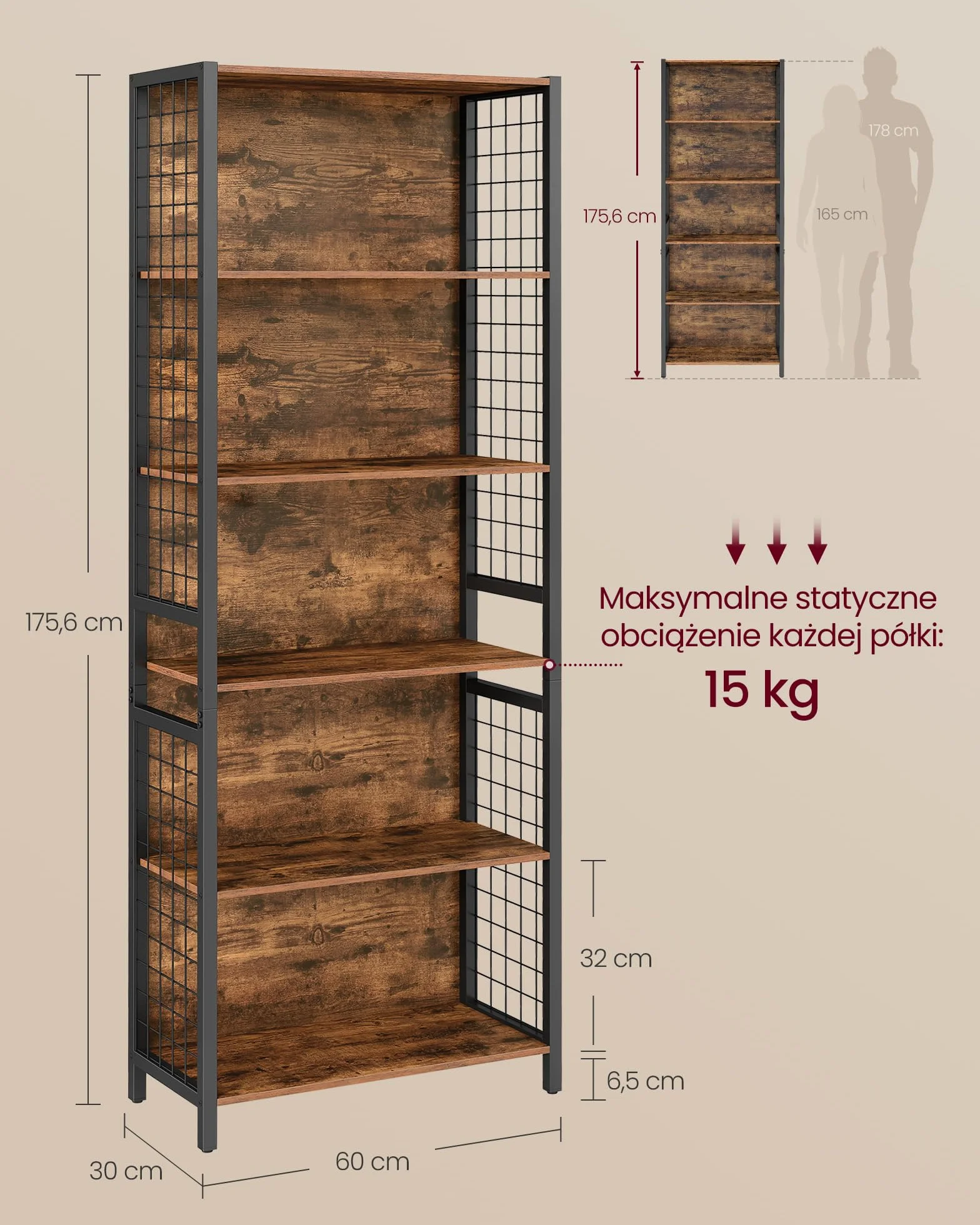 VASAGLE Regał na książki, 6-poziomowy regał na książki, jednostka regałowa z 4 haczykami, 30 x 60 x 175,6 cm, do biura, gabinetu, salonu, sypialni, rustykalny brąz i atramentowa czerń LLS171K01