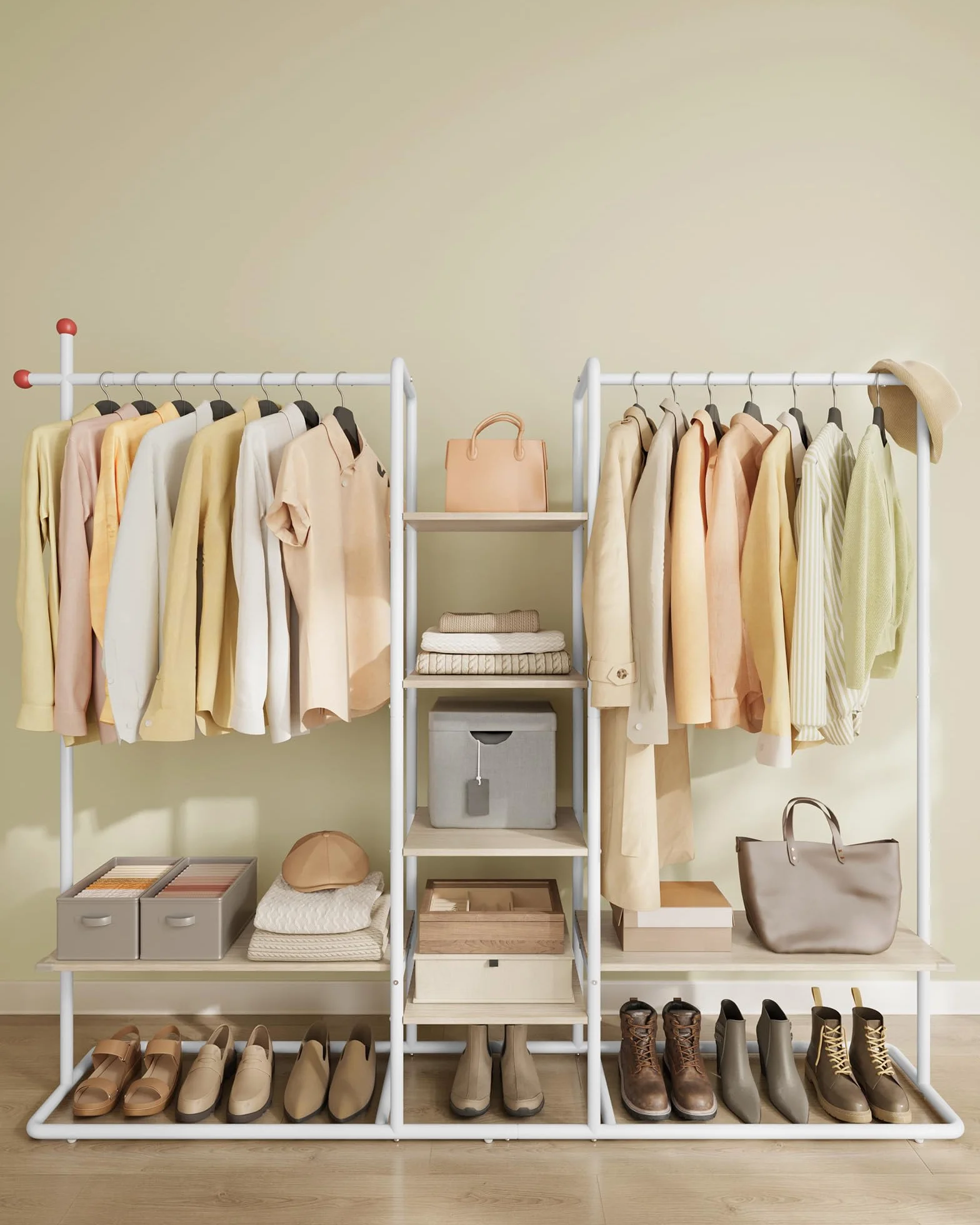 SONGMICS HOME Wieszak na ubrania, otwarta szafa, wieszak na ubrania, 6 półek, 2 drążki na ubrania, wieszaki zapałkowe, do sypialni, naturalny beż-matowa biel RGR012K01