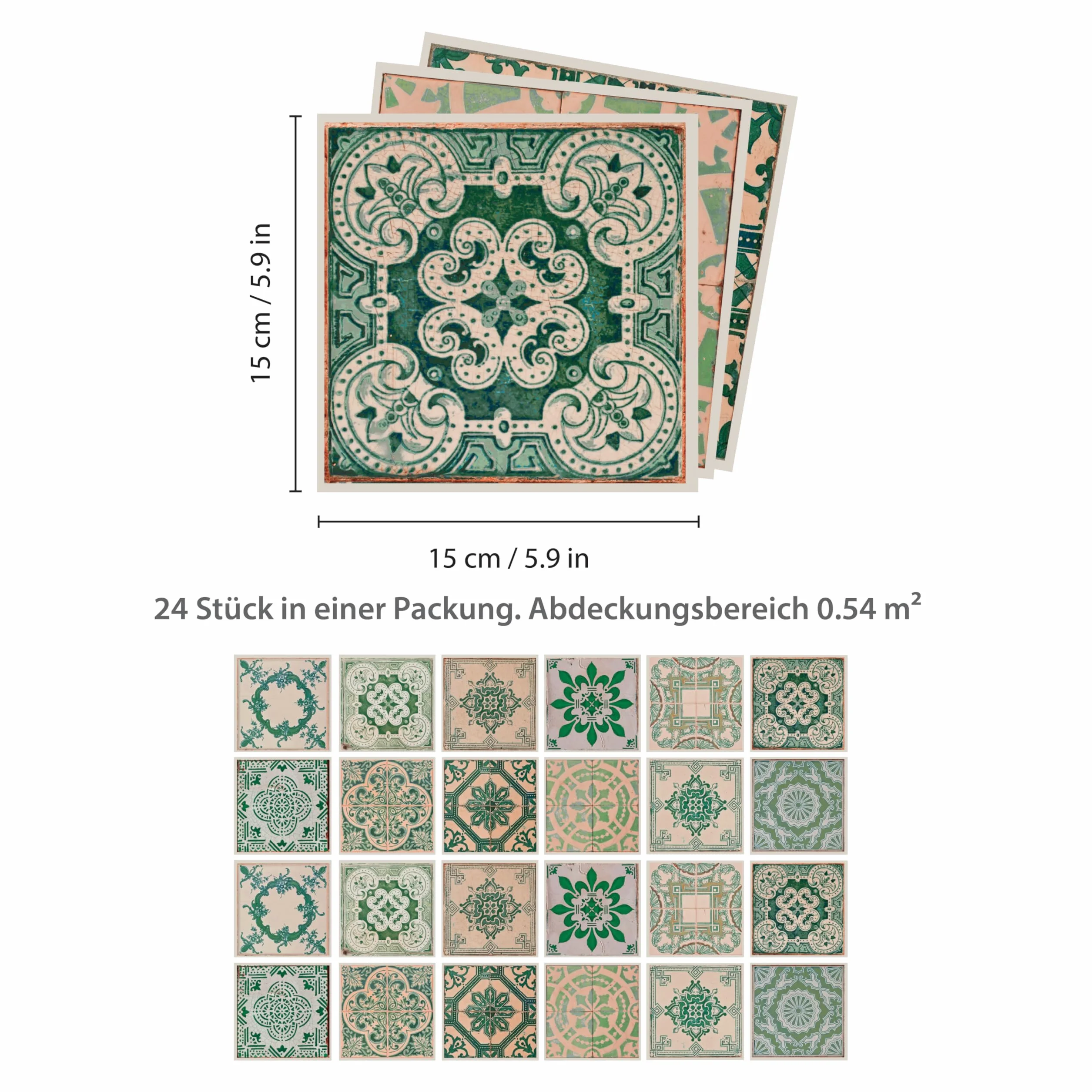 WALPLUS 15 cm (6") 24 szt. vintage zielone antyczne azulejo naklejki na płytki ścienne odklej i przyklejaj backsplash samoprzylepne winylowe dekoracja domu salon sypialnia rozpryski do kuchni płytki farba przyklejana na kafelkach
