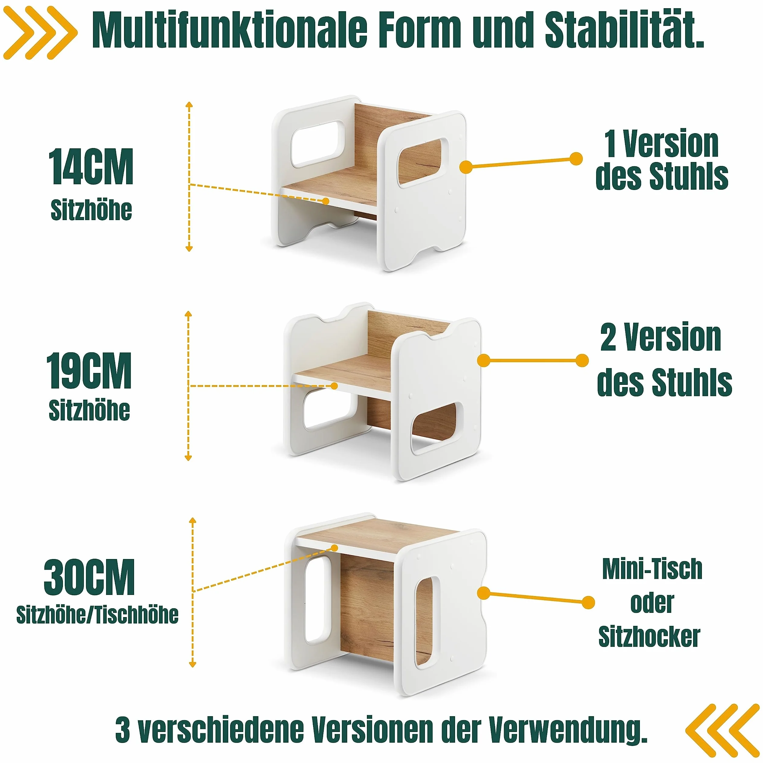defiPad Taboret do siedzenia dla dzieci | stylowy taboret dwustronny | fotel dziecięcy od 1 roku życia | krzesło dziecięce z drewna | krzesło można przekształcić w stół | pokój dziecięcy Montessori |