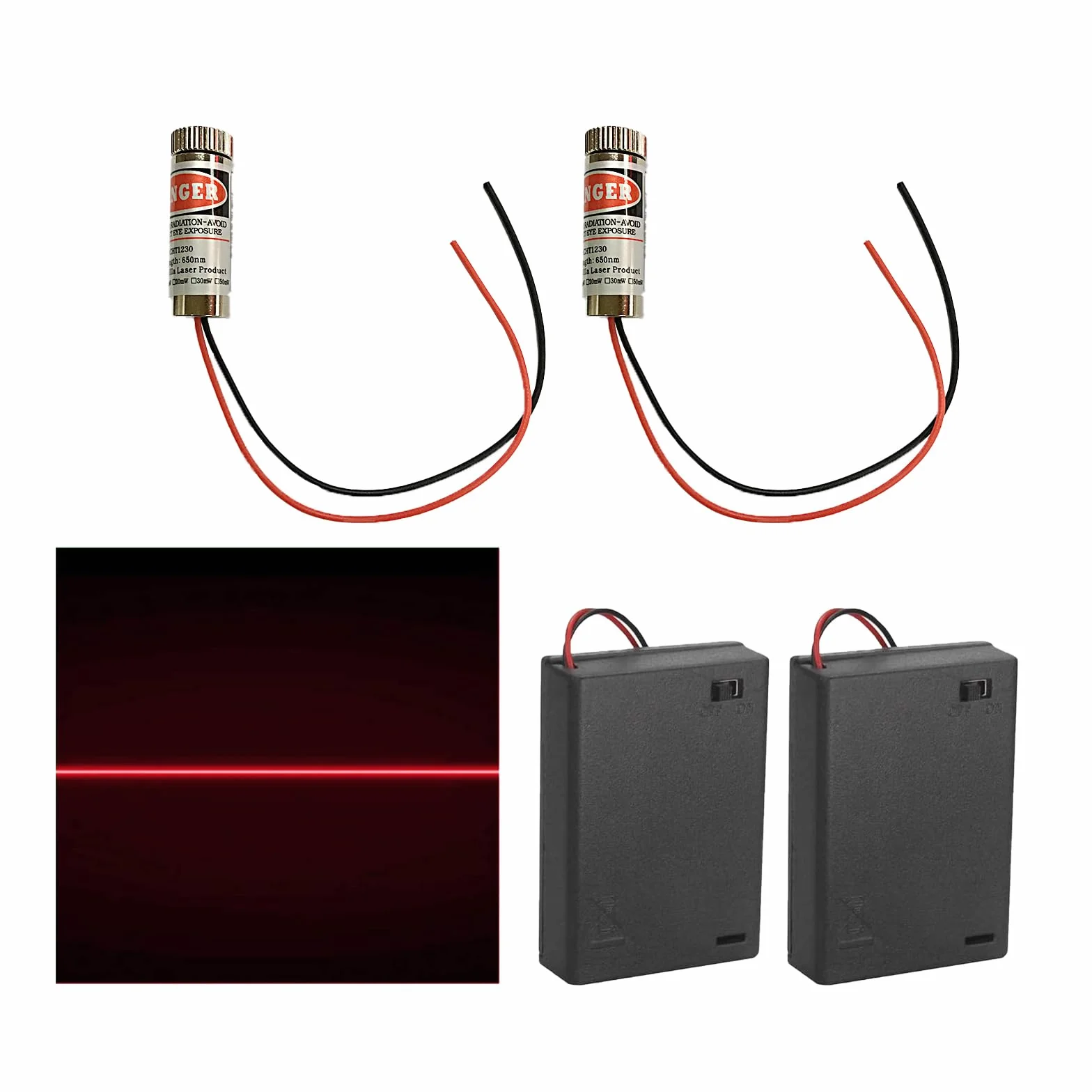 Moduł laserowy z regulacją ostrości, 2 sztuki, laserowa, czerwona linia laserowa 3-5 V, 650 nm, z soczewkami z tworzywa sztucznego + uchwyt na baterie AA, używany do korekcji i ustawienia budynków