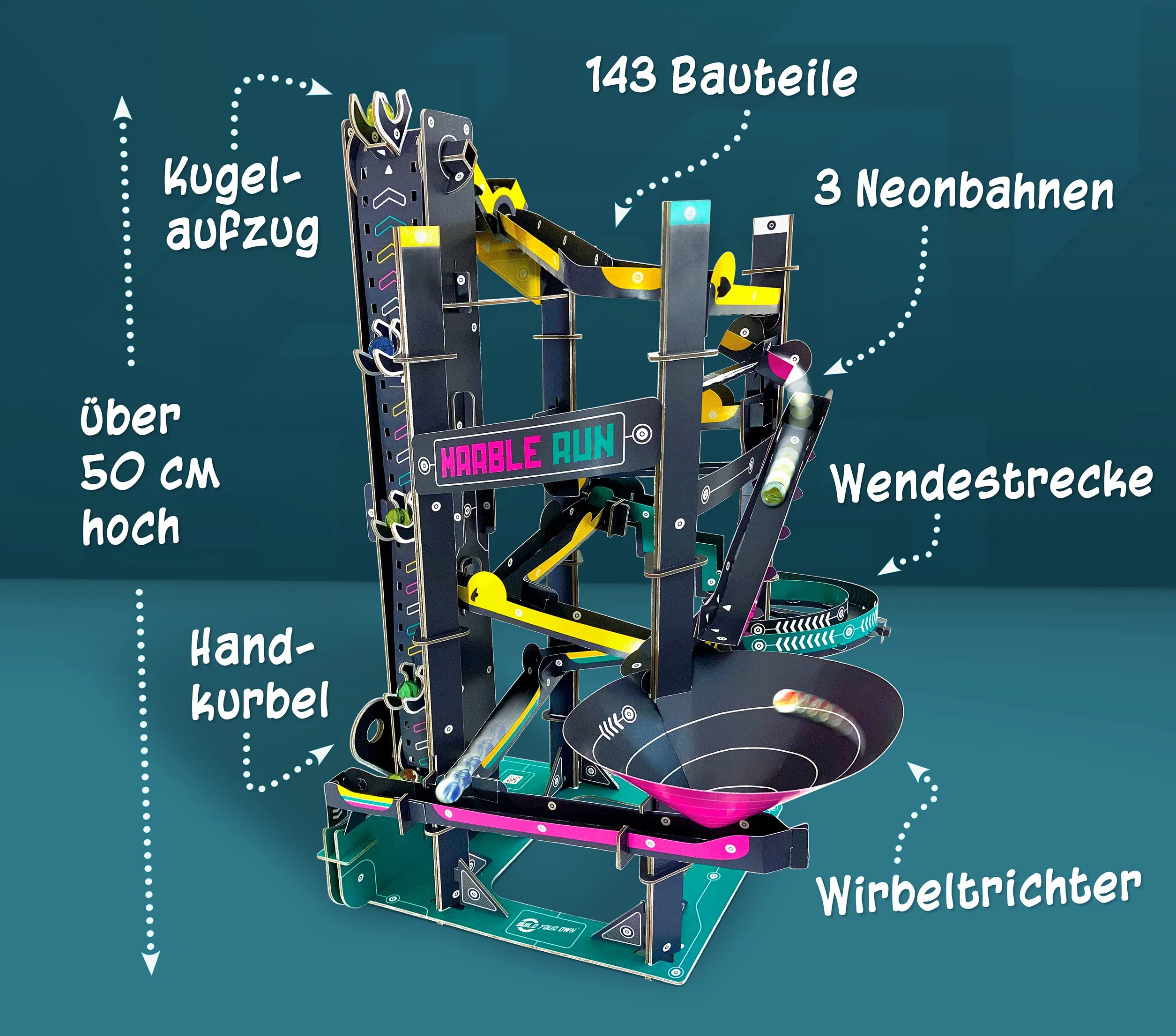 Franzis 67300 Kalendarz adwentowy Marble Run, 24 dni do własnego marmurowego biegu, zestaw do rękodzieła z tektury, bez plastiku, zalecany od 8 lat
