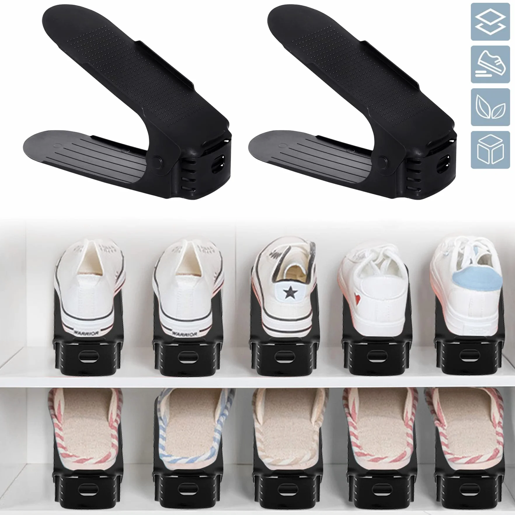 Froadp 60 szt. Regulowany Organizer na Buty Ntypoślizgowa Układarka do Butów z 3 regulowanymi Wysokościami Organizer na Buty Dwuwarstwowy Zestaw do Układania Butów Przechowywaniu Butów (Czarny)