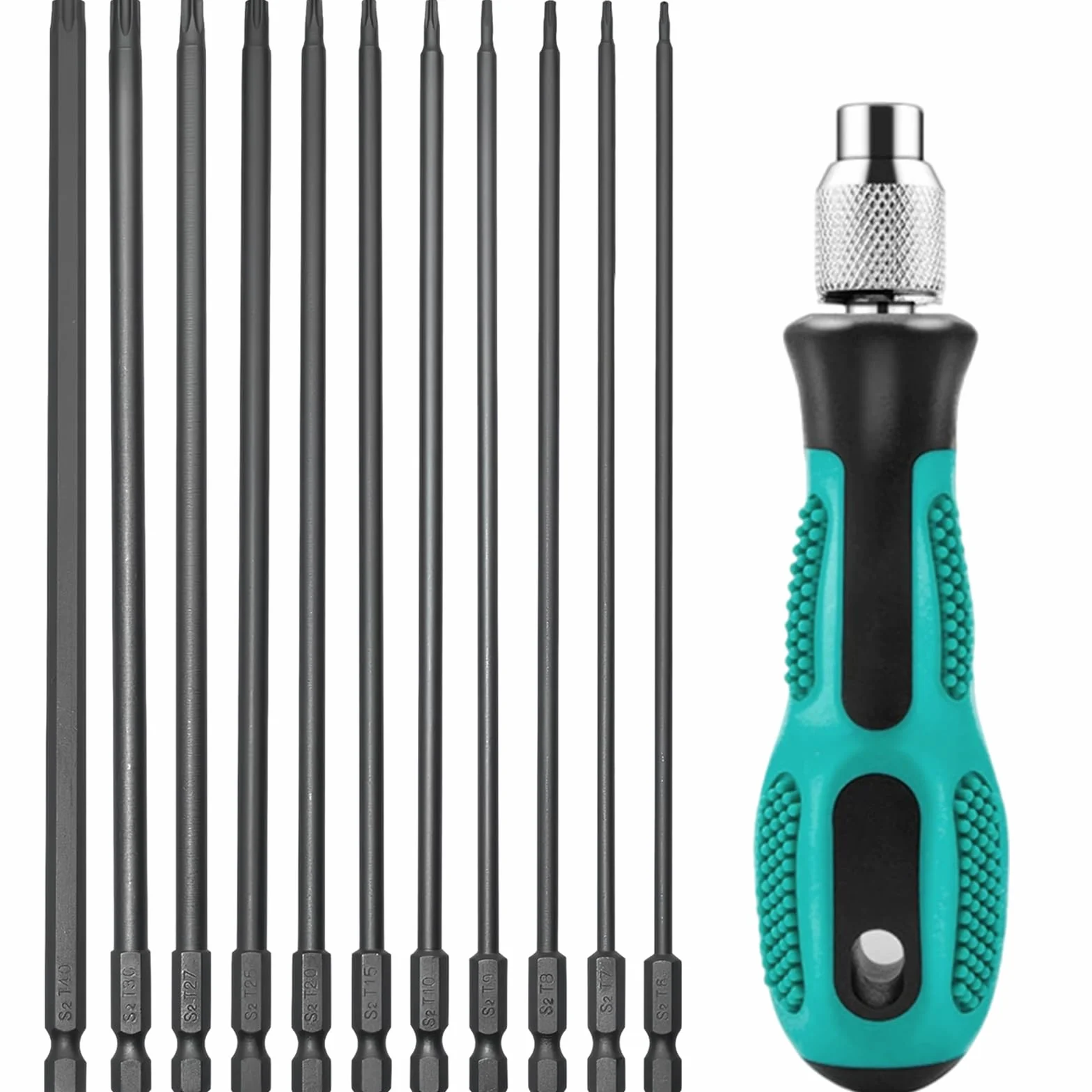 Zestaw 12 wkrętaków Torx długie, 200 mm Torx zestaw bitów długich z otworem, z uchwytem, magnetyczne bity do wkrętaków T6-T40, 1/4" sześciokątny trzpień do wkrętarki akumulatorowej