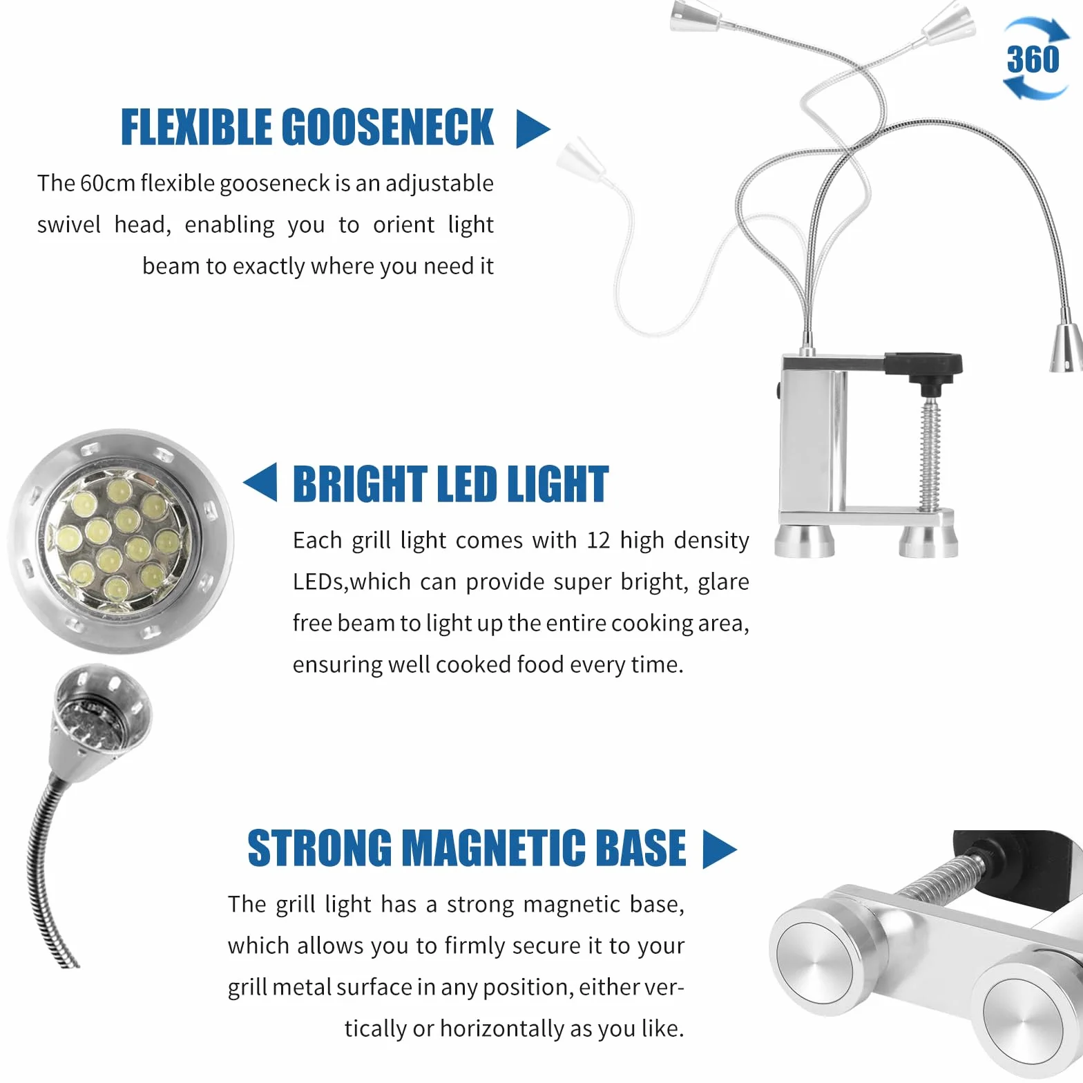 RUNQIN Magnetyczna lampa do grilla, elastyczna oświetlenie LED, regulowane magnetyczne oświetlenie, akcesoria do grilla
