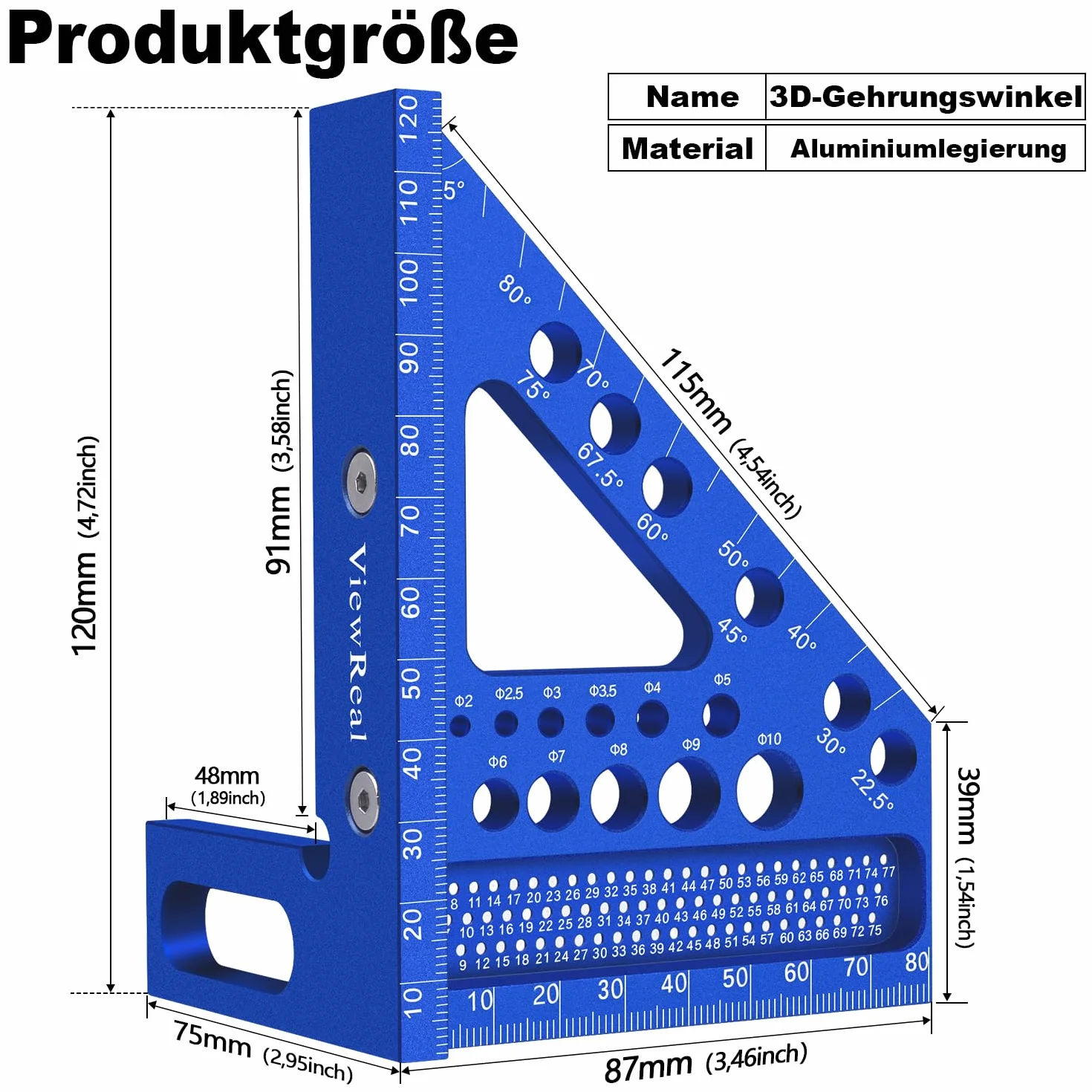 Wielofunkcyjny kątownik 3D, 22,5-90 stopni, stop aluminium, bardzo precyzyjne narzędzie pomiarowe do obróbki drewna, narzędzie pomiarowe dla stolarzy, inżynierów, niebieskie
