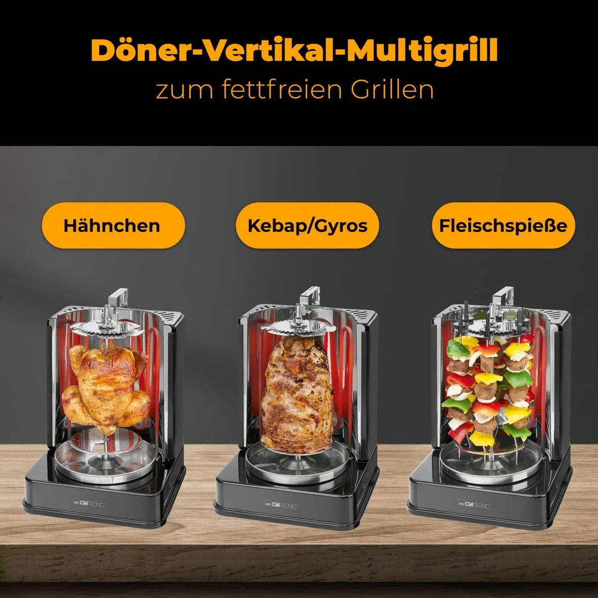 Clatronic DVG 3686 3w1 Pionowy Grill Do Kebaba/Kurczaka i Szaszłyków i Pojemnikiem Na Tłuszcz, 1400 W, Czarny