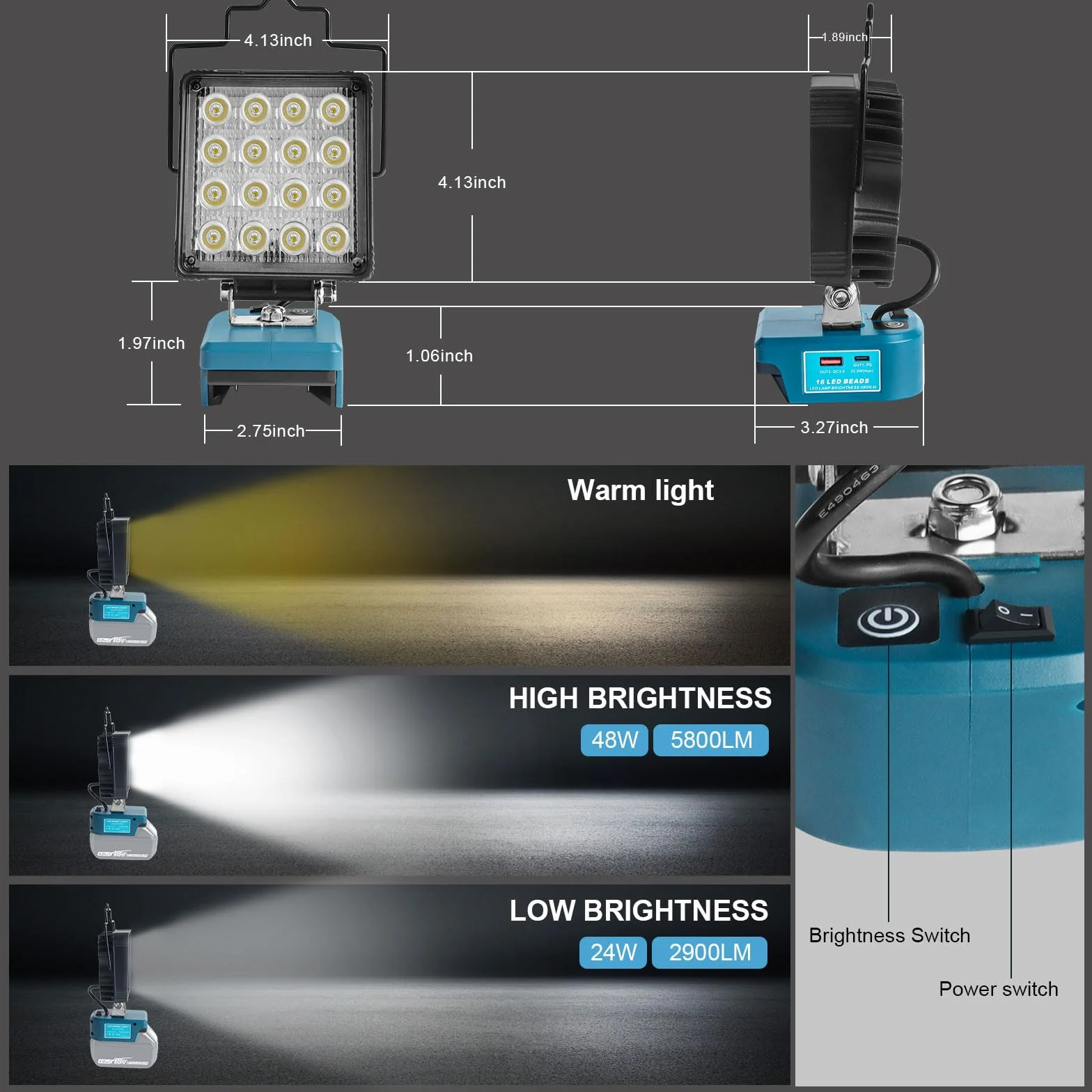 QUPERR Lampa bezprzewodowa kompatybilna z Makita 18V, 48W 5800LM LED lampa robocza, przenośny reflektor z USB i Type-C do auta, kempingu i awaryjnego oświetlenia (bez akumulatora)
