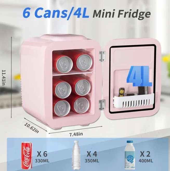 YASHE Mini lodówka do sypialni, 4 litry/6 puszek, mała lodówka, 220V AC / 12V DC, termoelektryczna chłodziarka i podgrzewacz, mini lodówka do napojów, biura, akademika, samochodu, różowa