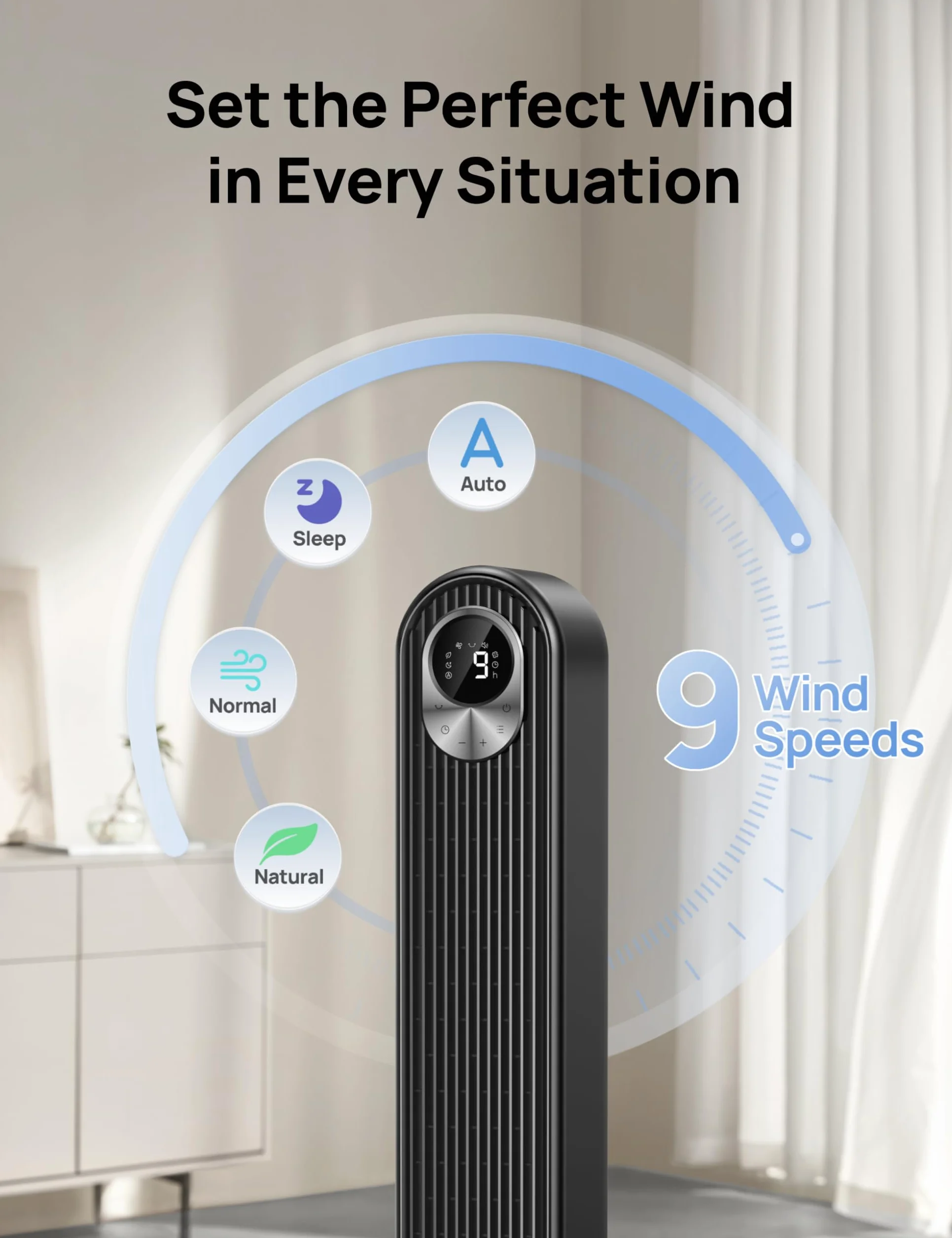 Dreo 106 cm Wentylator wieżowy, cichy mobilny wentylator z timerem i oscylacją 90°, tower fan z timer do 12 godzin, 4 tryby 4 prędkości, 50 W, Czarny