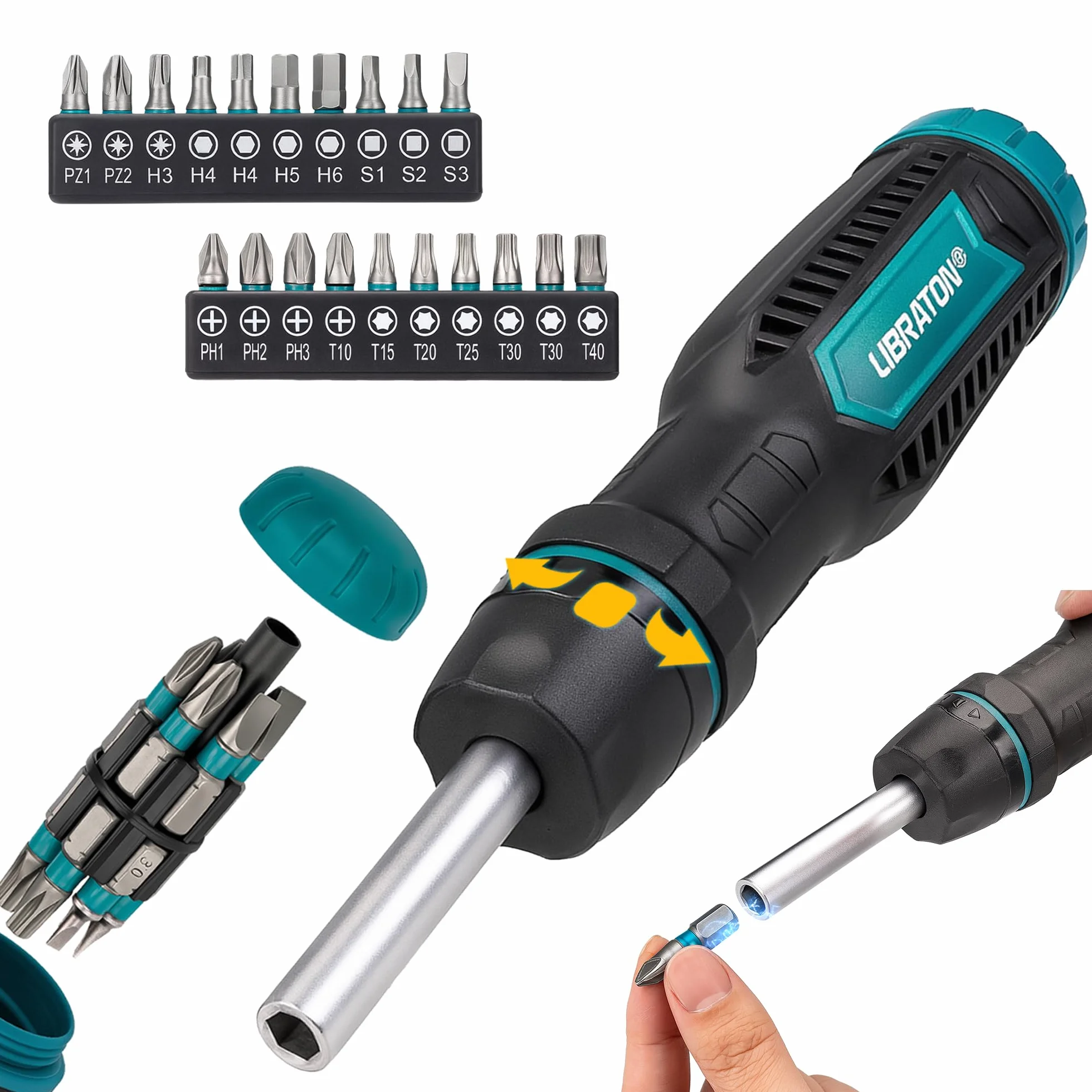 LIBRATON Zestaw wkrętaków z grzechotką, śrubokręt wielofunkcyjny, 33 w 1, magnetyczny śrubokręt z grzechotką, szczelinowy, Philips, Pozi, Torx, sześciokątny, kwadratowy, ergonomiczny uchwyt do domu