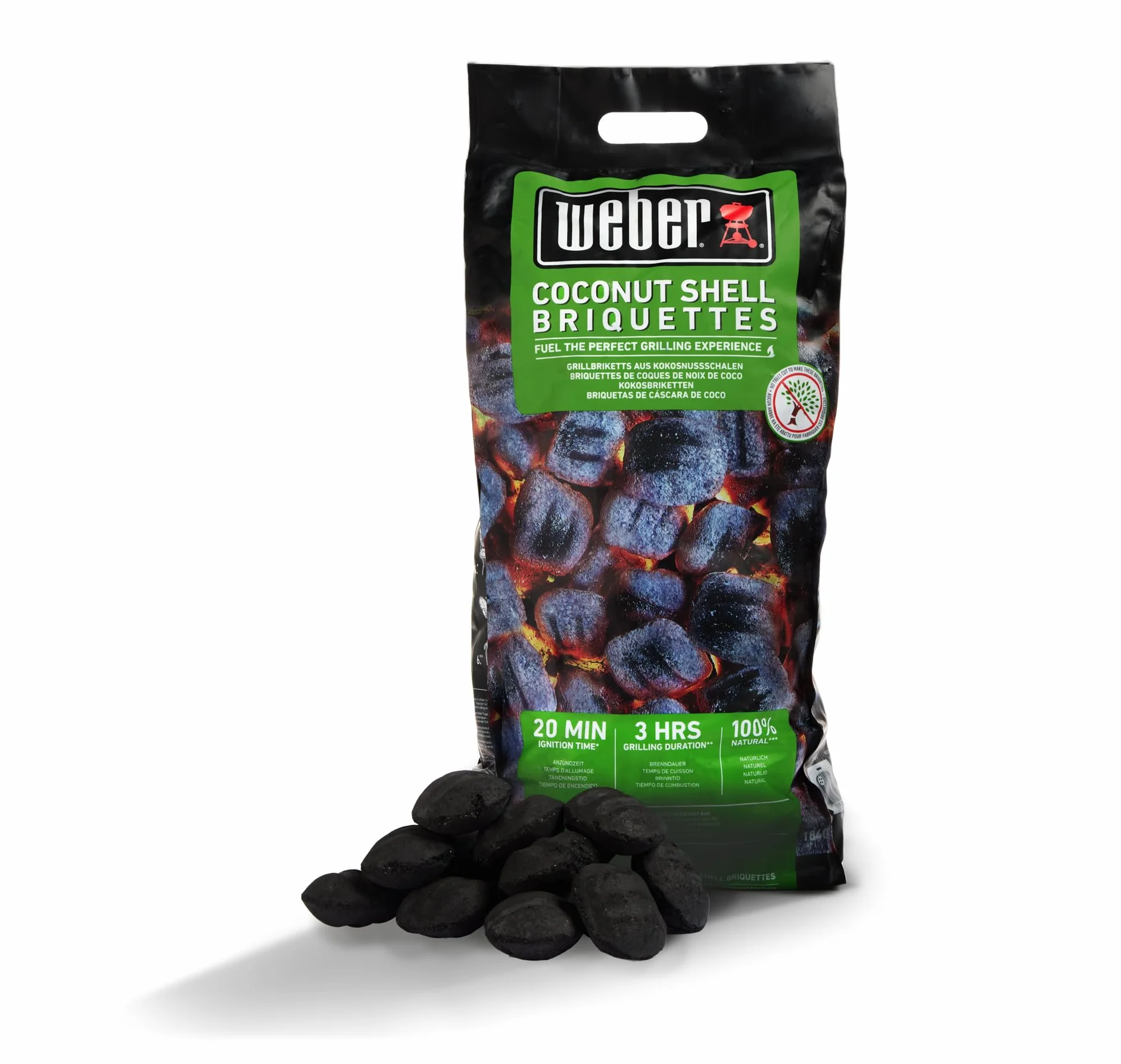 Weber Brykiet do Grilla z Skorupek Kokosowych (4kg Worek), Wydajny, do Długiego i Stabilnego Żaru, Idealny do Długiego Grillowania Mięsa, 100% Naturalny (18401)