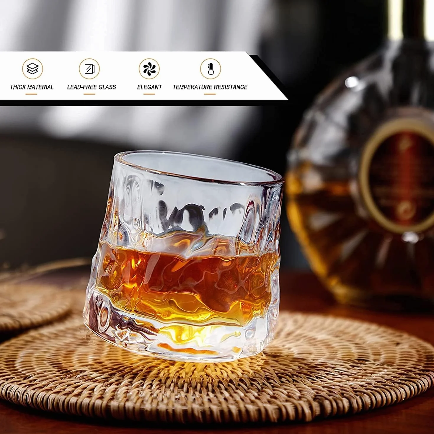 Szklanki do whisky obrotowe dekompresyjne - Staromodny zestaw 2 szklanek w stylu barowym do burbona, scotch whisky, rumu (2 opakowania tekstura młotka, 180ml(6oz))