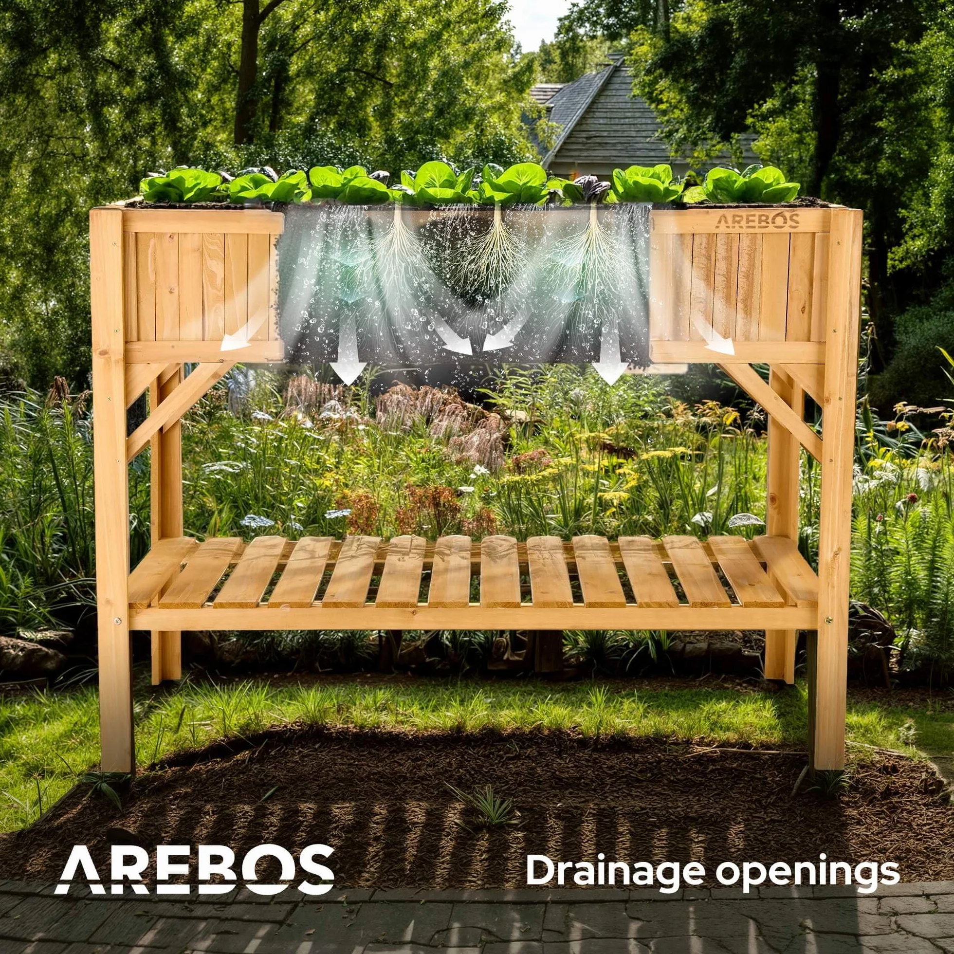 Arebos podwyższona grządka z drewna z półką | do ogrodu, balkonu i tarasu | wyposażona we wnętrze z włókniną ochronną | 119 x 53 x 90 cm | skrzynka do roślin i doniczka | grządka do sadzenia, inspekt
