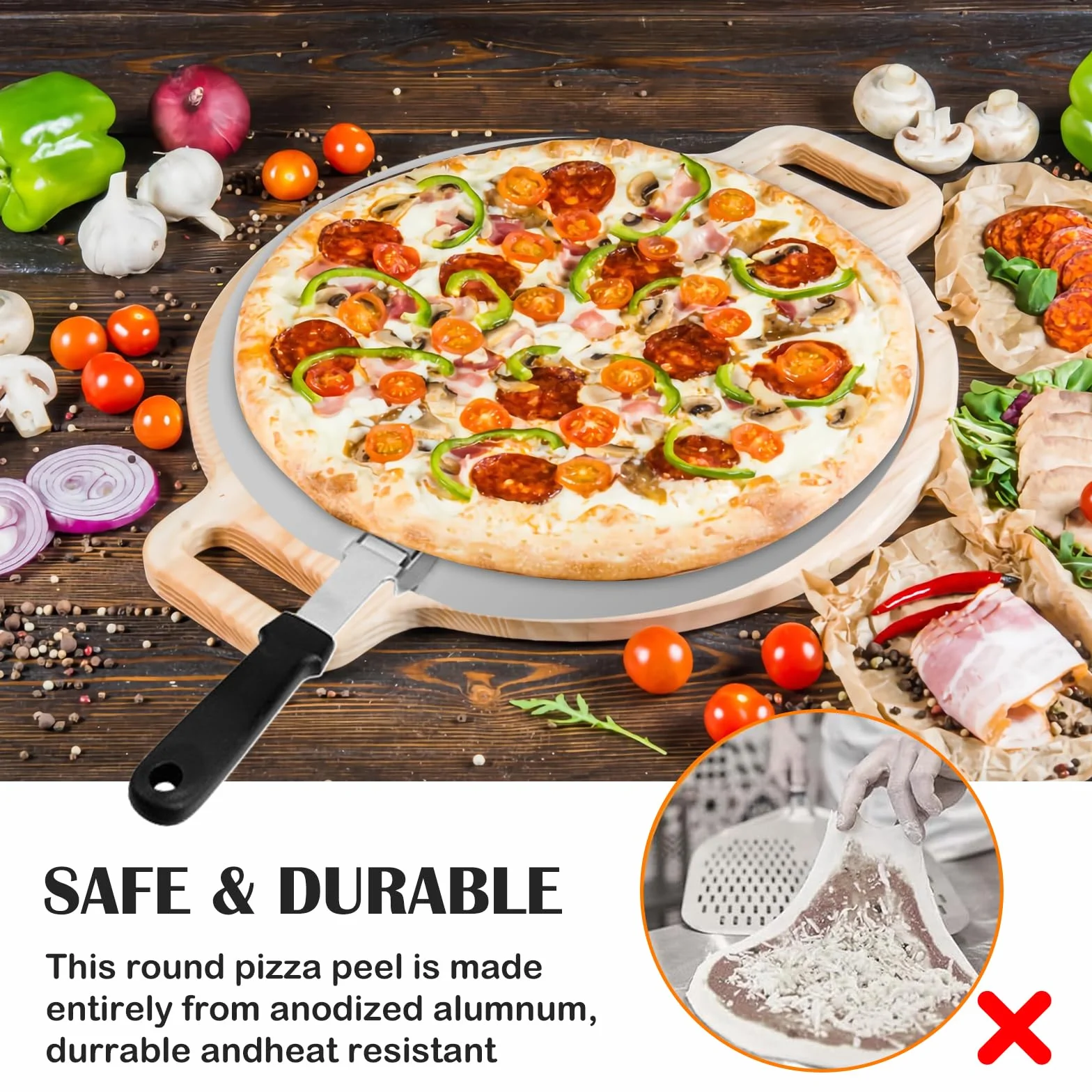 Łopatka do pizzy ze stali nierdzewnej, do grilla lub piekarnika, z praktycznym składanym uchwytem, okrągła łopatka do pizzy, 30,5 x 25,5 cm, do tarty i chleba