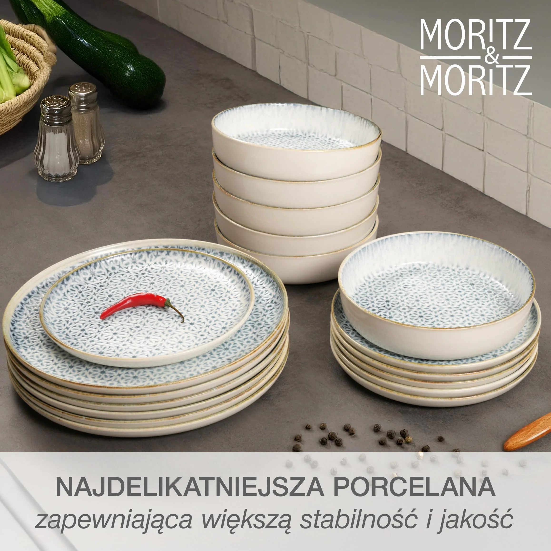Moritz & Moritz ALHAMBRA 18-częściowy zestaw naczyń dla 6 osób, z wysokiej jakości porcelany, nowoczesny serwis stołowy w kolorze niebieskim, łatwy w pielęgnacji, zestaw 6 talerzy obiadowych, talerzy