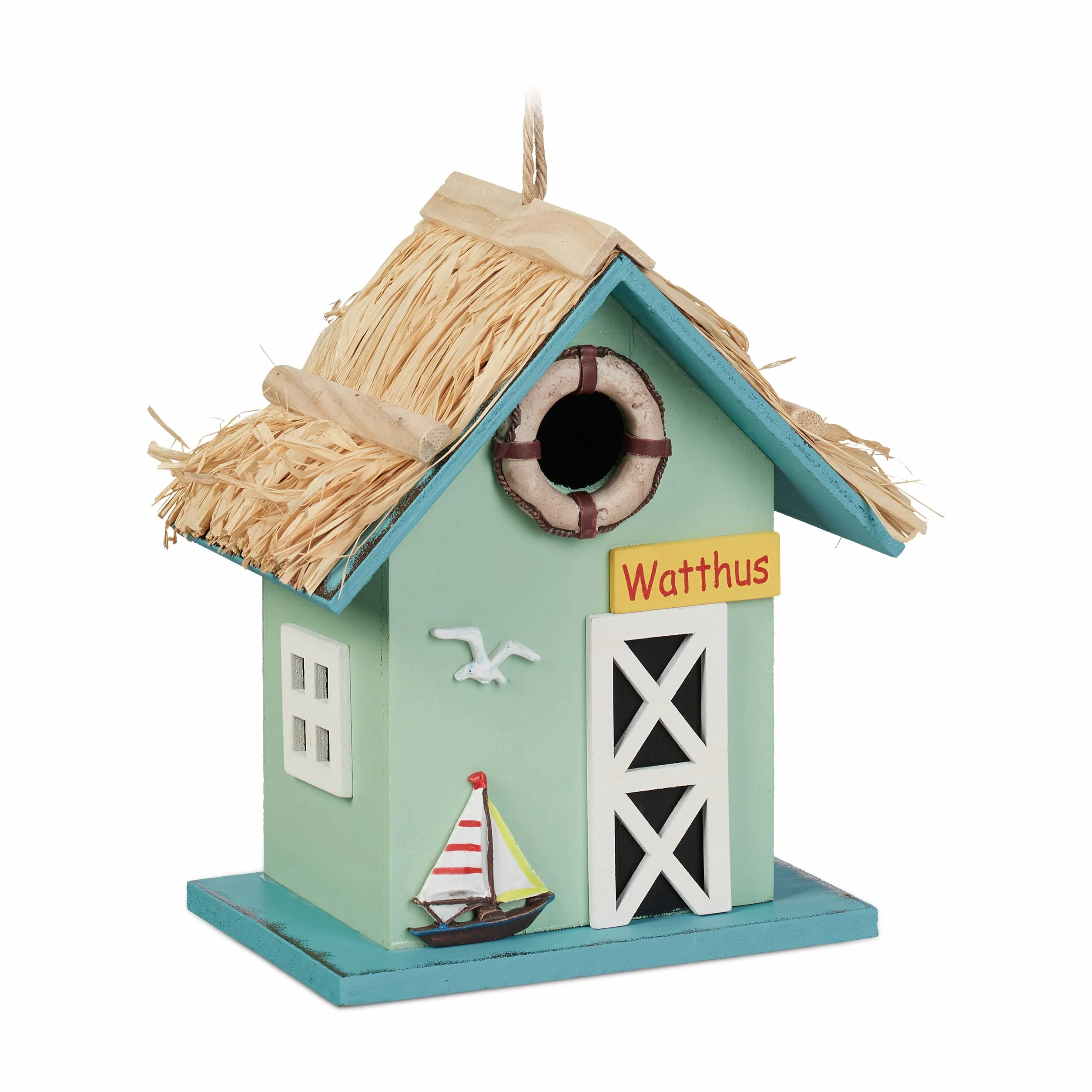Relaxdays Dekoracyjny domek dla ptaków, domek plażowy, drewno, do zawieszenia, wys. x szer. x gł.: 24,5 x 19 x 13,5 cm, willa dla ptaków do ogrodu, kolorowy
