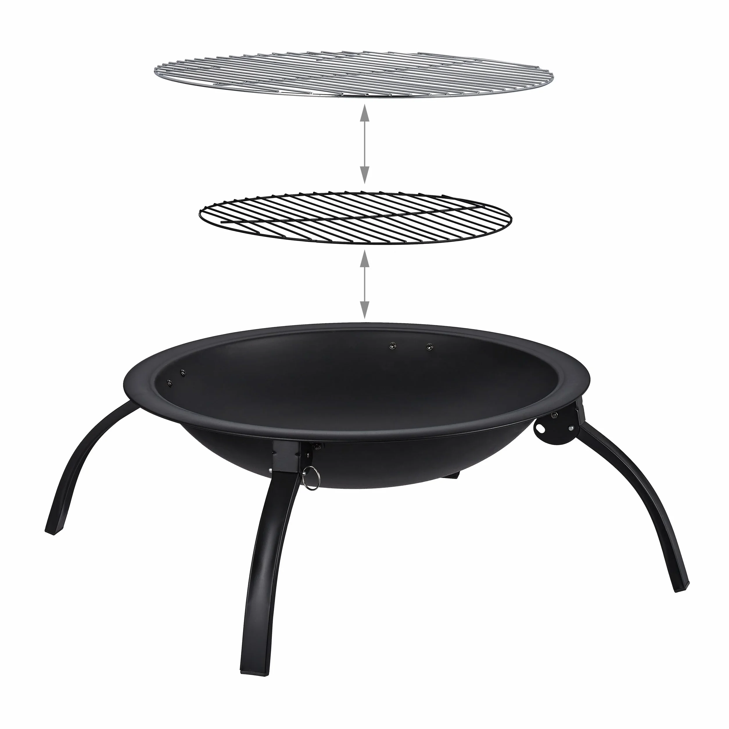 Relaxdays Palenisko XL z torbą, ruszt do grilla, pogrzebacz, pokrywa chroniąca przed iskrami, do ogrodu, na taras, średnica 56,5 cm, czarna
