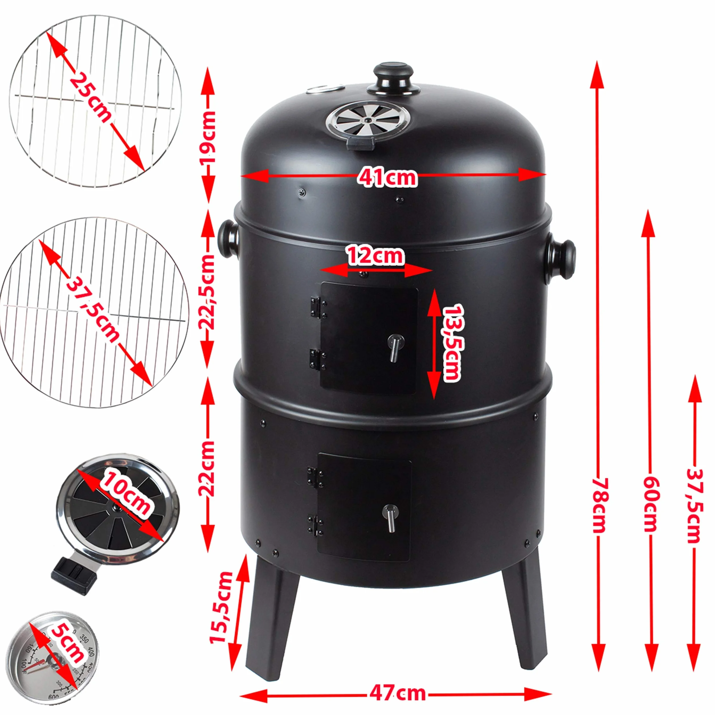 GrillMaster Grill Węglowy SmokeHouse GM8000 + Wędzarnia + Termometr, Ogrodowy, Wędzenie, Gotowanie na Parze, Dwie Misy, Funkcja Paleniska