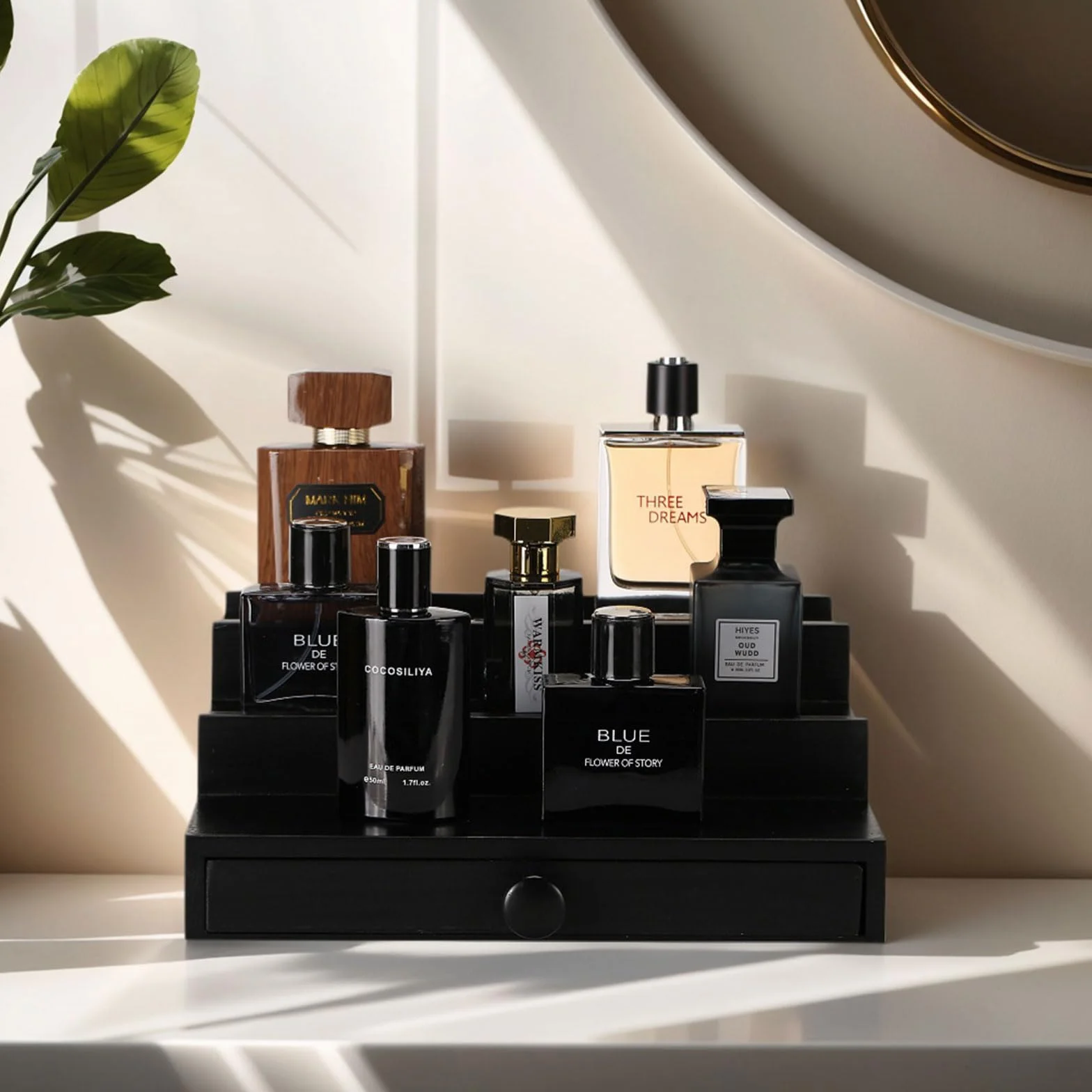 Drewniany organizer na perfumy 3-poziomowy stojak z szufladą i ukrytą przegródką