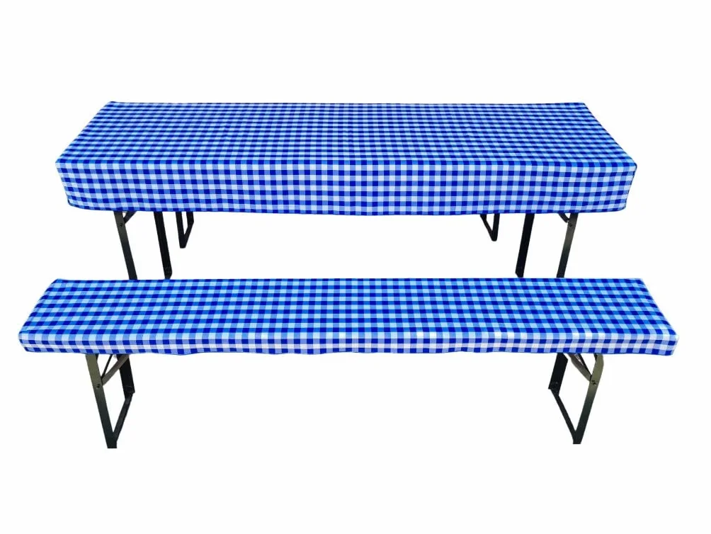 Zestaw mebli do namiotu piwnego 3 szt. obrus i 2 pokrowce na ławkę 110 x 60 cm niebieska kratka