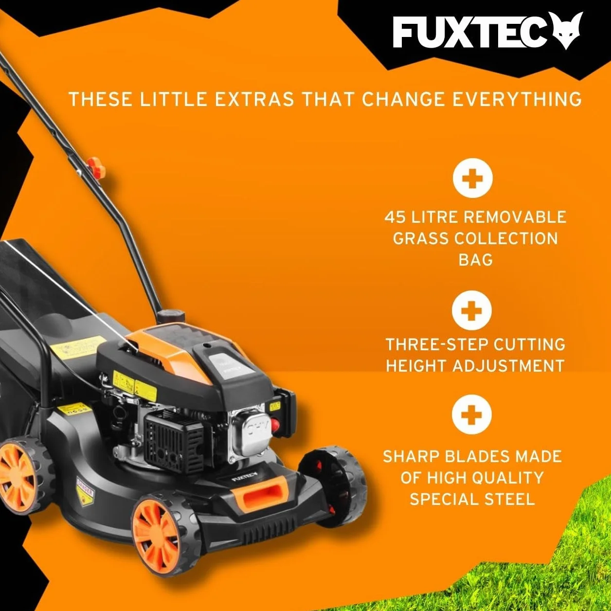 Kosiarka spalinowa FUXTEC FX-RM4180 1,8KM 1,3kW | waga tylko 18kg | szerokosc koszenia 40cm i 3-stopniowa regulacja wysokosci koszenia 25-55mm | 4-suwowa kosiarka 80ccm - w zestawie kosz na trawe 45L