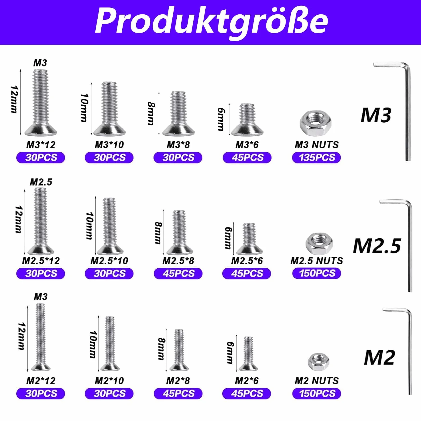 874 szt. Zestaw Śrub imbusowych M2 M2.5 M3 z Nakrętkami, Zestaw Śrub z Łbem Stożkowym, Zestaw Śrub z Nakrętkami, Śruby Płaskie Zestaw Maszynowy