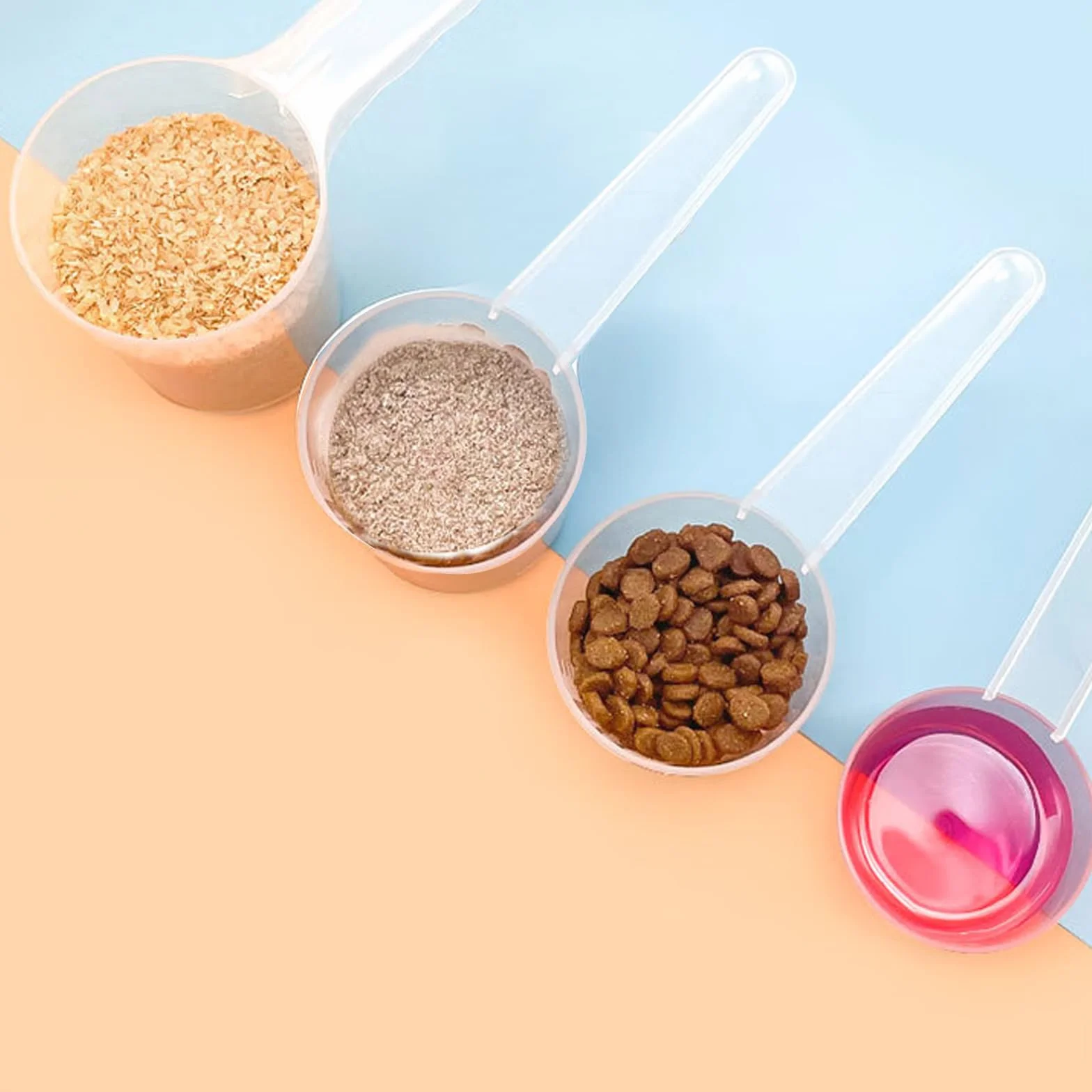 4 szt. Łyżka z dozownikiem, łyżki miarki, 40 ml, 50 ml, 70 ml, 100 ml łyżki przezroczyste plastikowe dozowniki ze skalą, łyżki kuchenne miarki do białka w proszku mąki