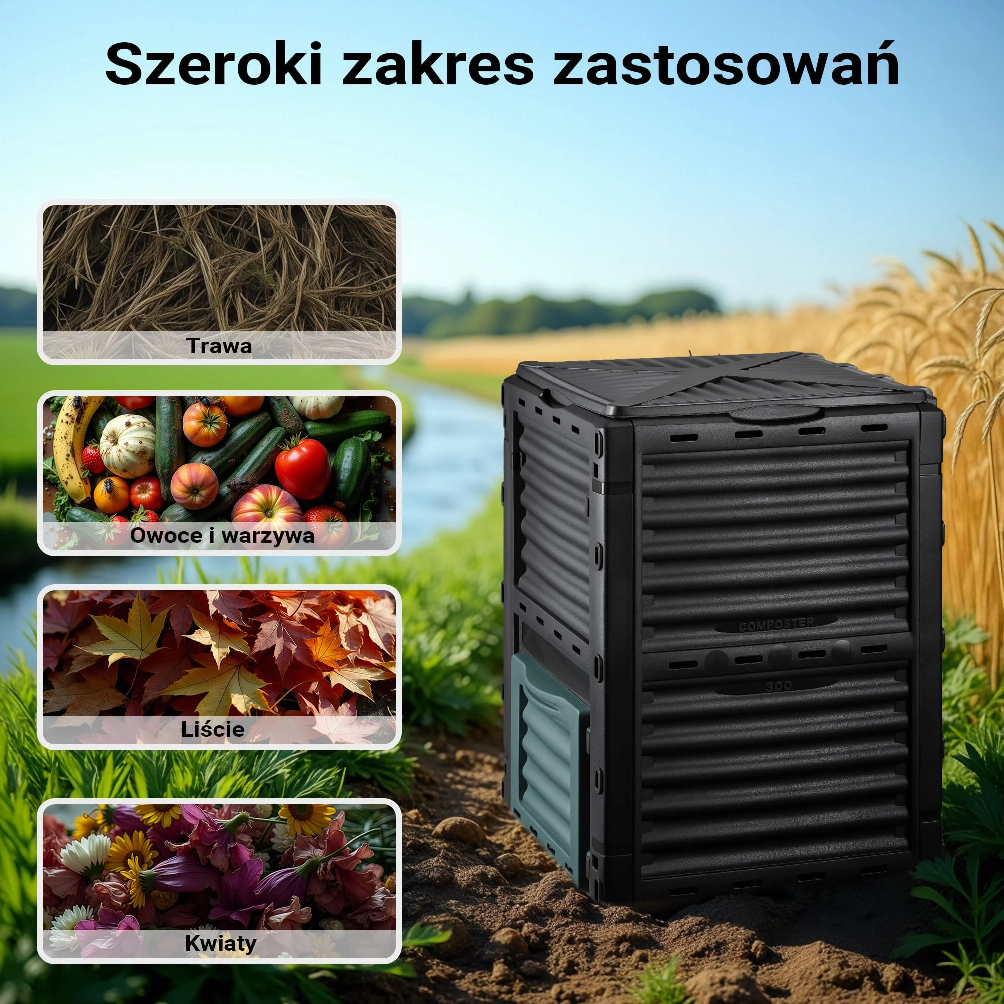 Wiltec Kompostownik ogrodowy modułowy 300 l o wymiarach 61 x 61 x 82 cm, plastikowy kompostownik na odpady organiczne, z pokrywą i klapą do opróżniania