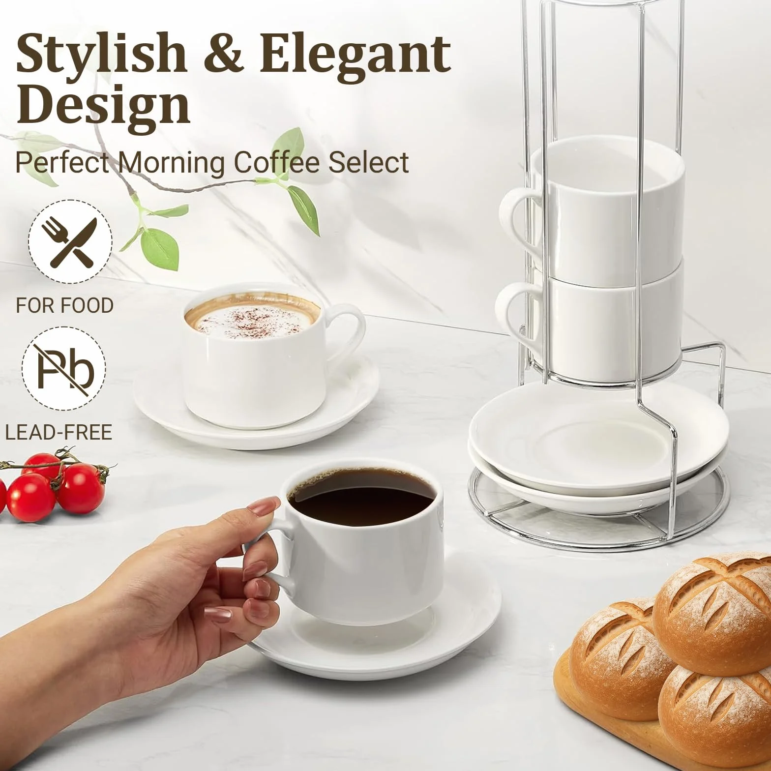 Filiżanki do espresso, zestaw 4 sztuk, 4 x 5oz(160ml), ze spodkiem i podstawką, filiżanki do kawy Espresso Americano, cappuccino, latte i herbaty (z 4 łyżeczkami do kawy)