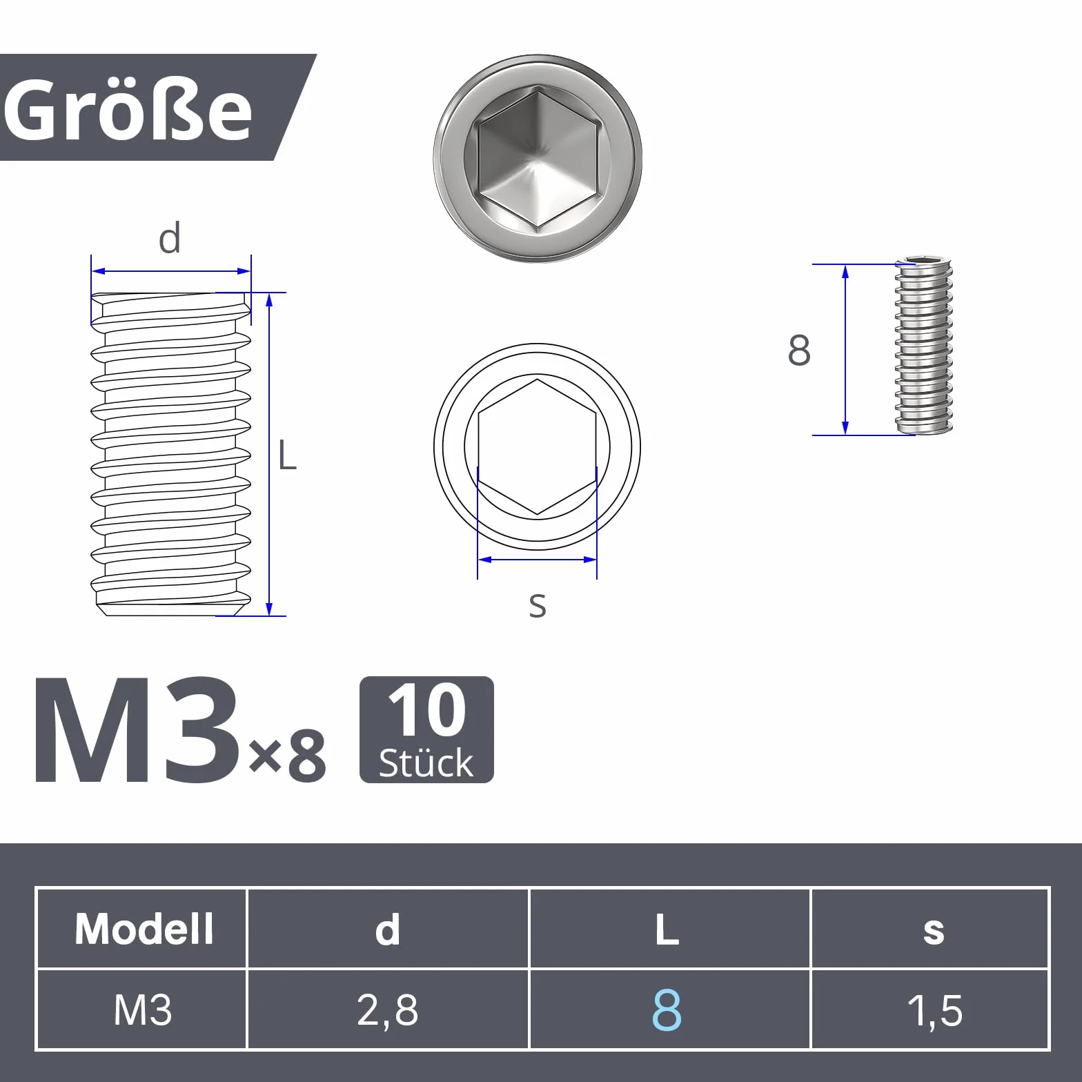 ORTAVA 10 sztuk śrub nastawnych, kołki gwintowane M3 x 8 mm DIN 913 / ISO 4026 z gniazdem sześciokątnym (ISK) i stożkowym kołkiem, śruba oczkowa ze stali nierdzewnej (srebrny)