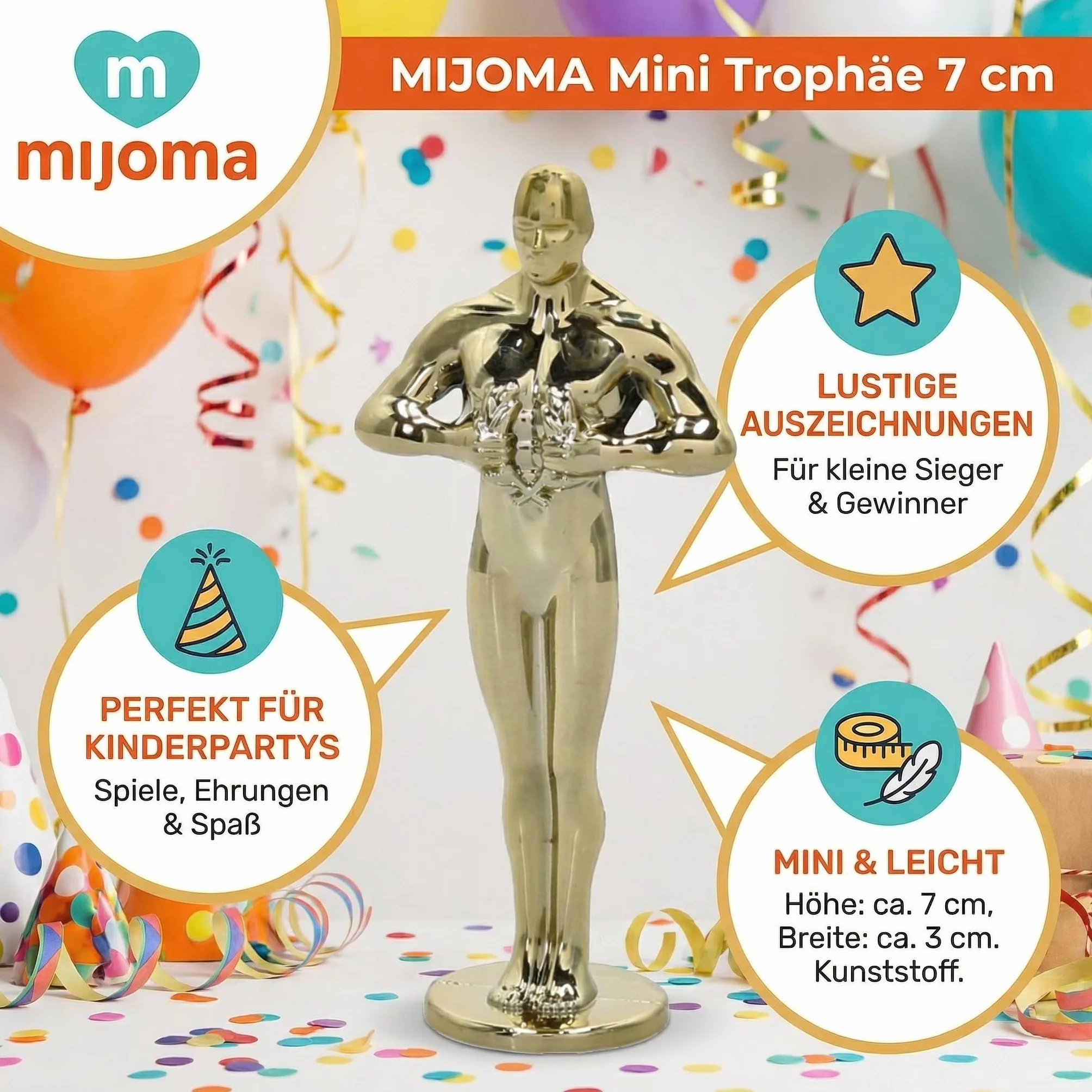 MIJOMA Mini trofeum 7 cm – złoty puchar zwycięzców z tworzywa sztucznego – idealne na urodziny dziecka, gry imprezowe, wyróżnienia i zabawne nagrody