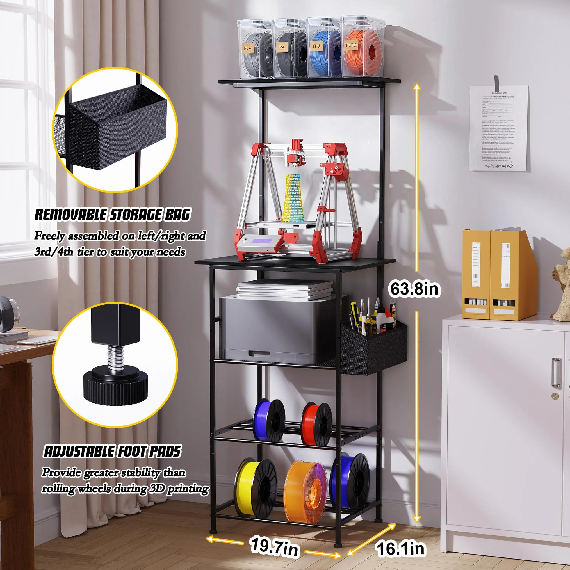 Stolik do drukarki 3D, 5-poziomowy stojak na drukarkę, metalowa szafka na drukarkę z miejscem na filament i kieszenią boczną, regał na drukarkę do mocowania na ścianie, do biura, domu, szkoły