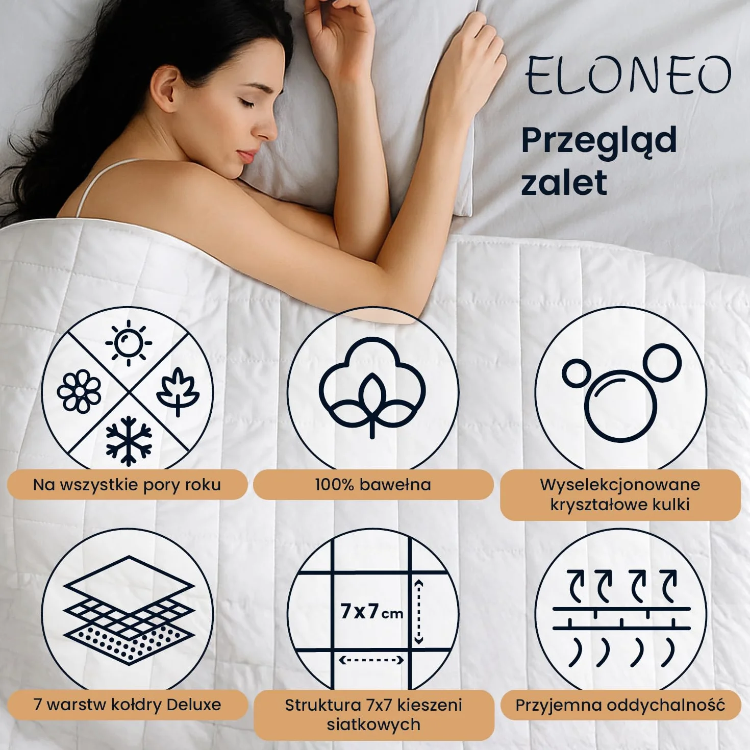 ELONEO koc obciążeniowy 200x200 cm o wadze 11 kg, z certyfikatami TÜV i Oeko-Tex, weighted blanket z 100% bawełny, koc relaksacyjny i terapeutyczny przeciw stresowi, ciężki koc do spania