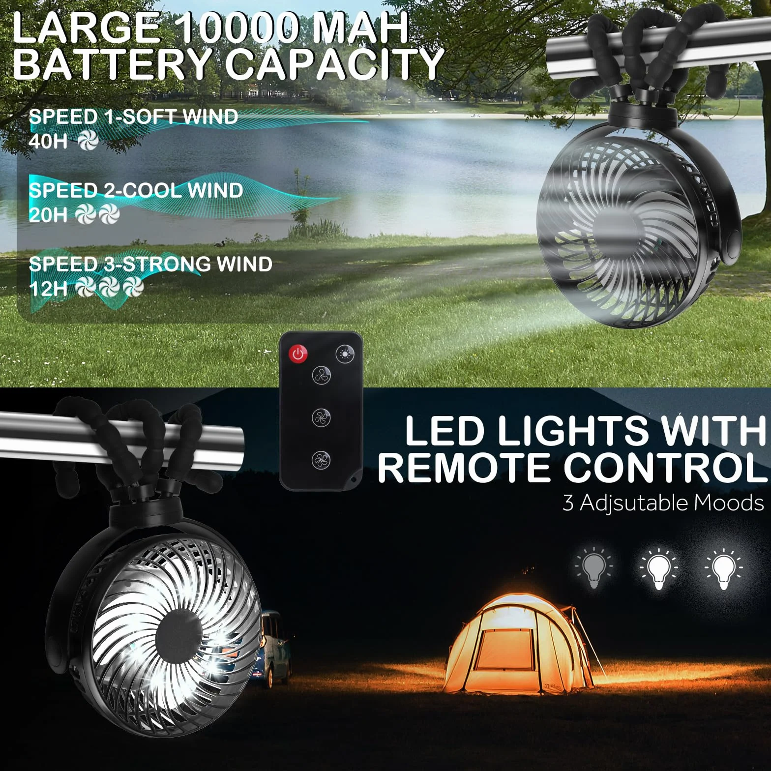 Hianjoo Wentylator do wózka dziecięcego z diodami LED, lekki, 10 000 mAh, mały wentylator biurkowy, wentylator kempingowy, obrót o 360°, przenośny, do wielokrotnego ładowania, do namiotu, domu, biura