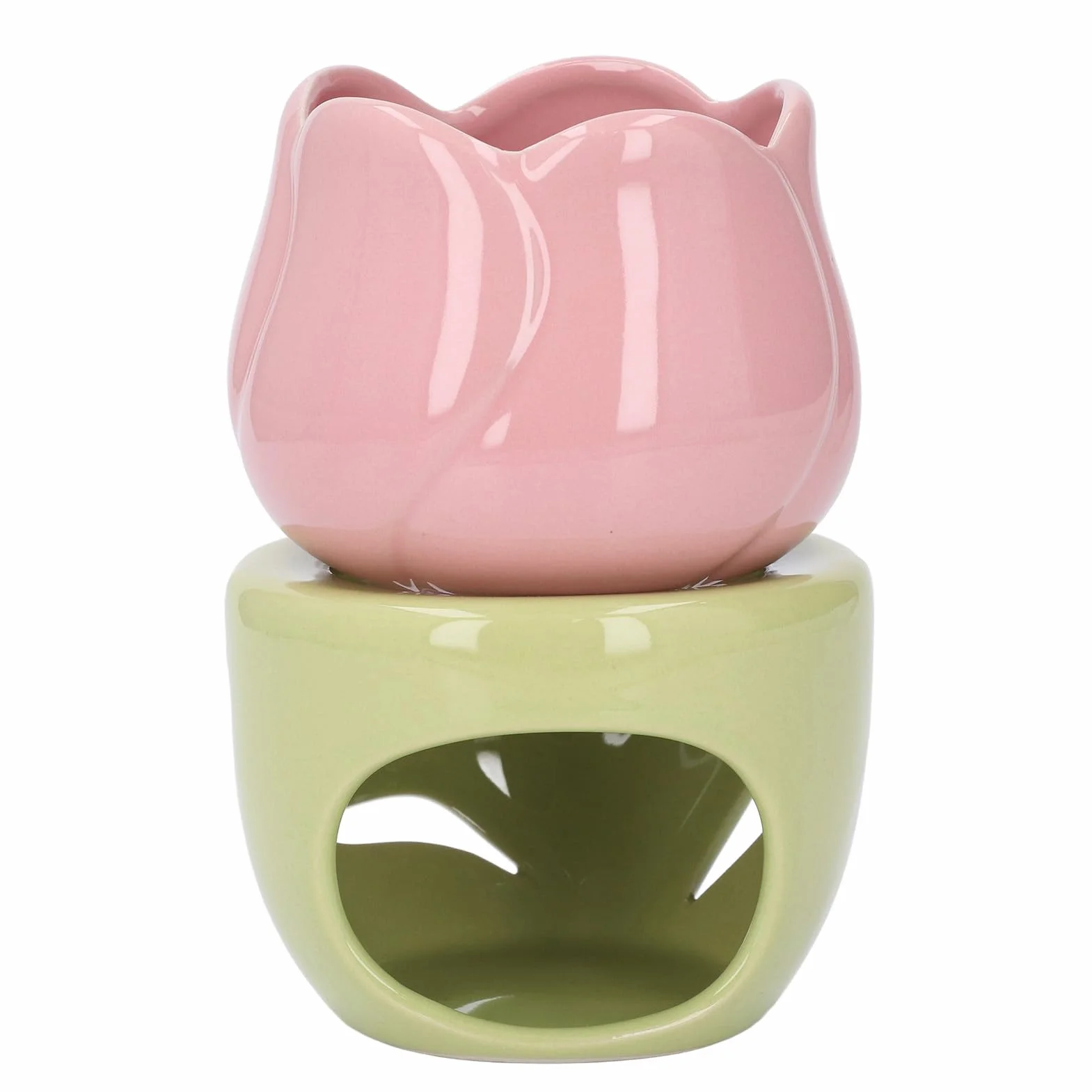 Ceramiczny Dyfuzor do Aromaterapii, Kominek na Olejki Eteryczne w Kształcie Różowego Kwiatu z Zielonym Stojakiem do Sesji Aromaterapii, do Użytku Domowego i Biurowego