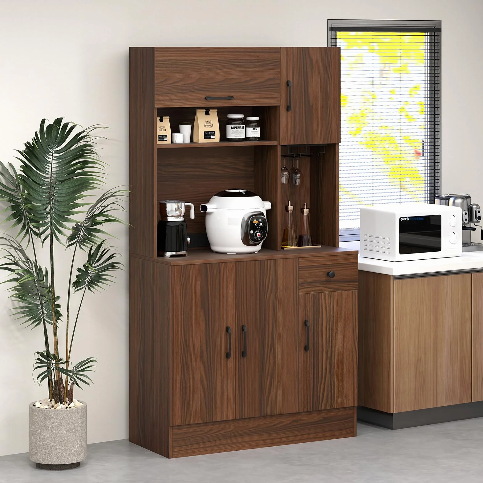 COSTWAY Drewniana szafka kuchenna, kredens z gniazdkami i portami USB i typu C, wysoka szafka z regulowanymi półkami i szufladą, do kuchni i salonu, brązowa, 90 x 39 x 167 cm