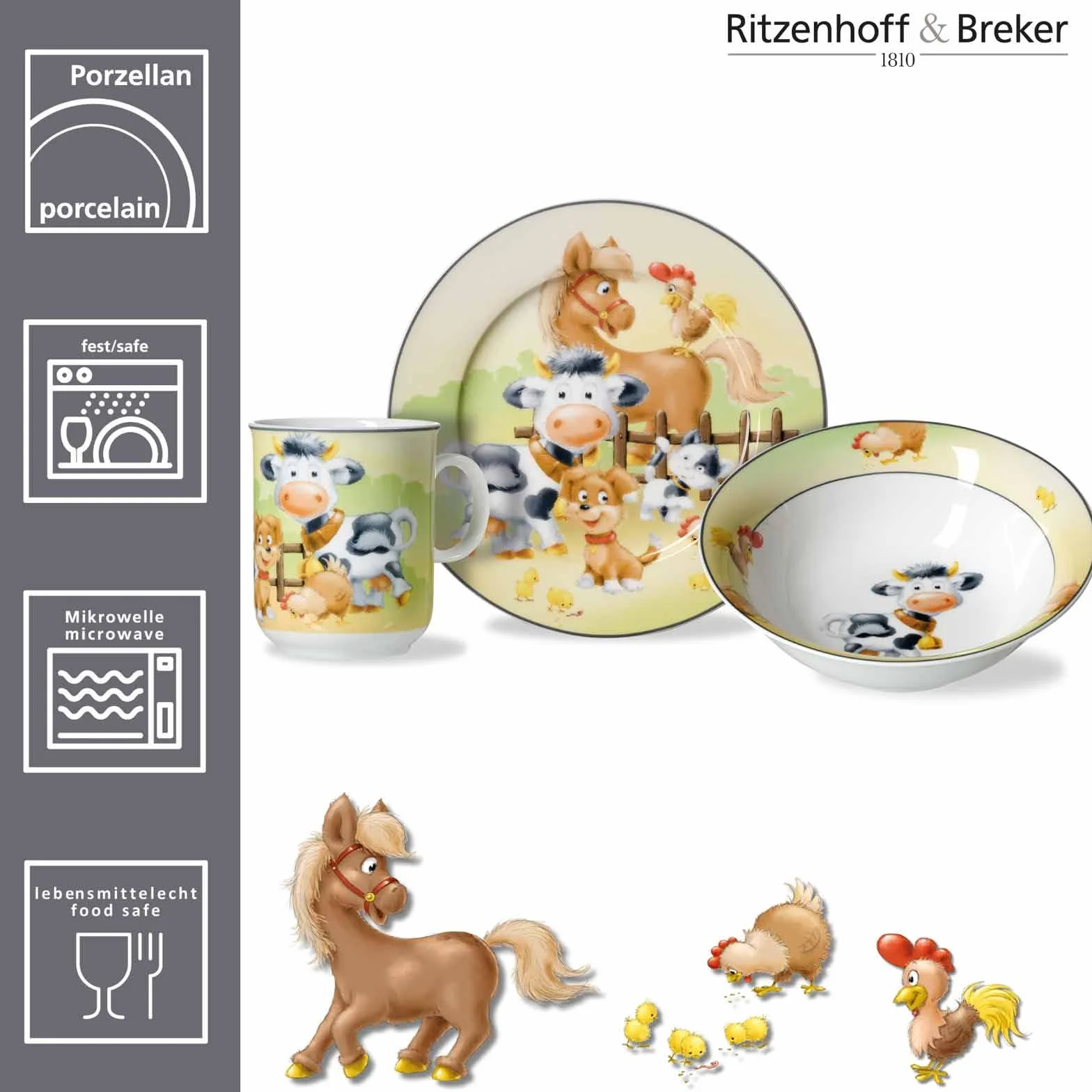 Ritzenhoff & Breker Zestaw naczyń dla dzieci 3-częściowy porcelana kolorowy kubek 270 ml talerz 19 cm miska 450 ml zwierzęta gospodarstwa