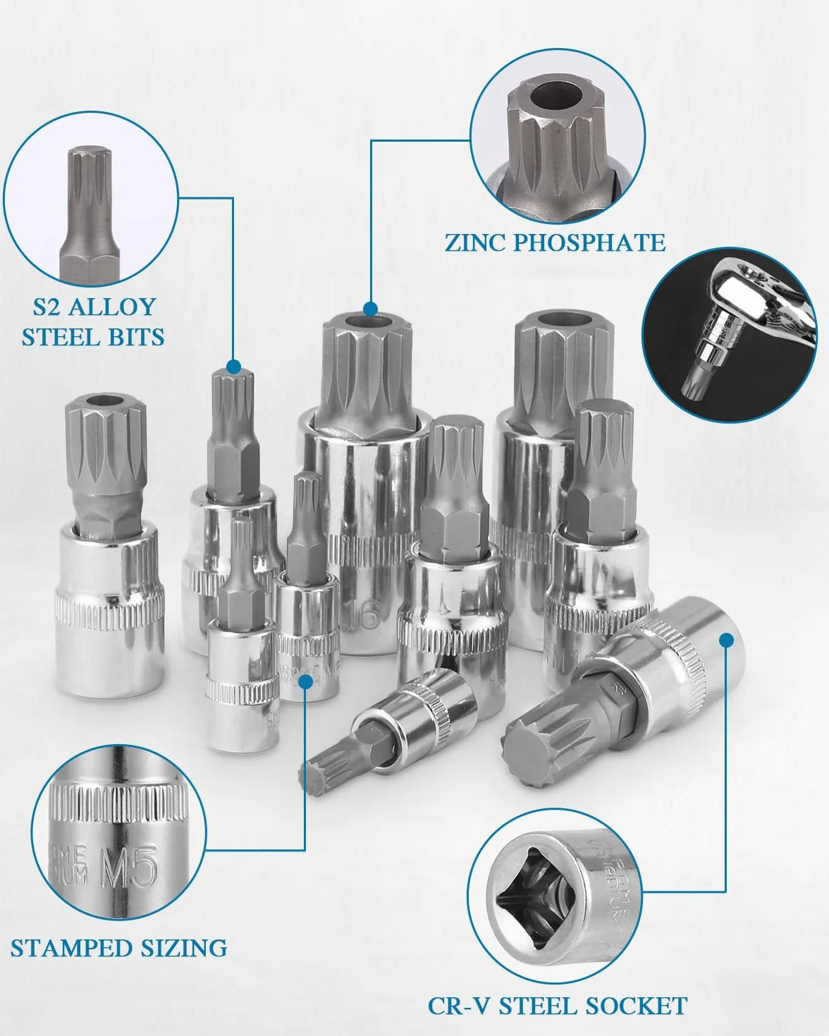Bixury 10-częściowy zestaw nasadek wielozębnych 1/2″, 1/4″, 3/8″ do wkrętarki udarowej, imbusowe nasadki wewnętrzne M4, M5, M6, M8, M10, M12, M14, M16, M18, z niebieskim pudełkiem do przechowywania