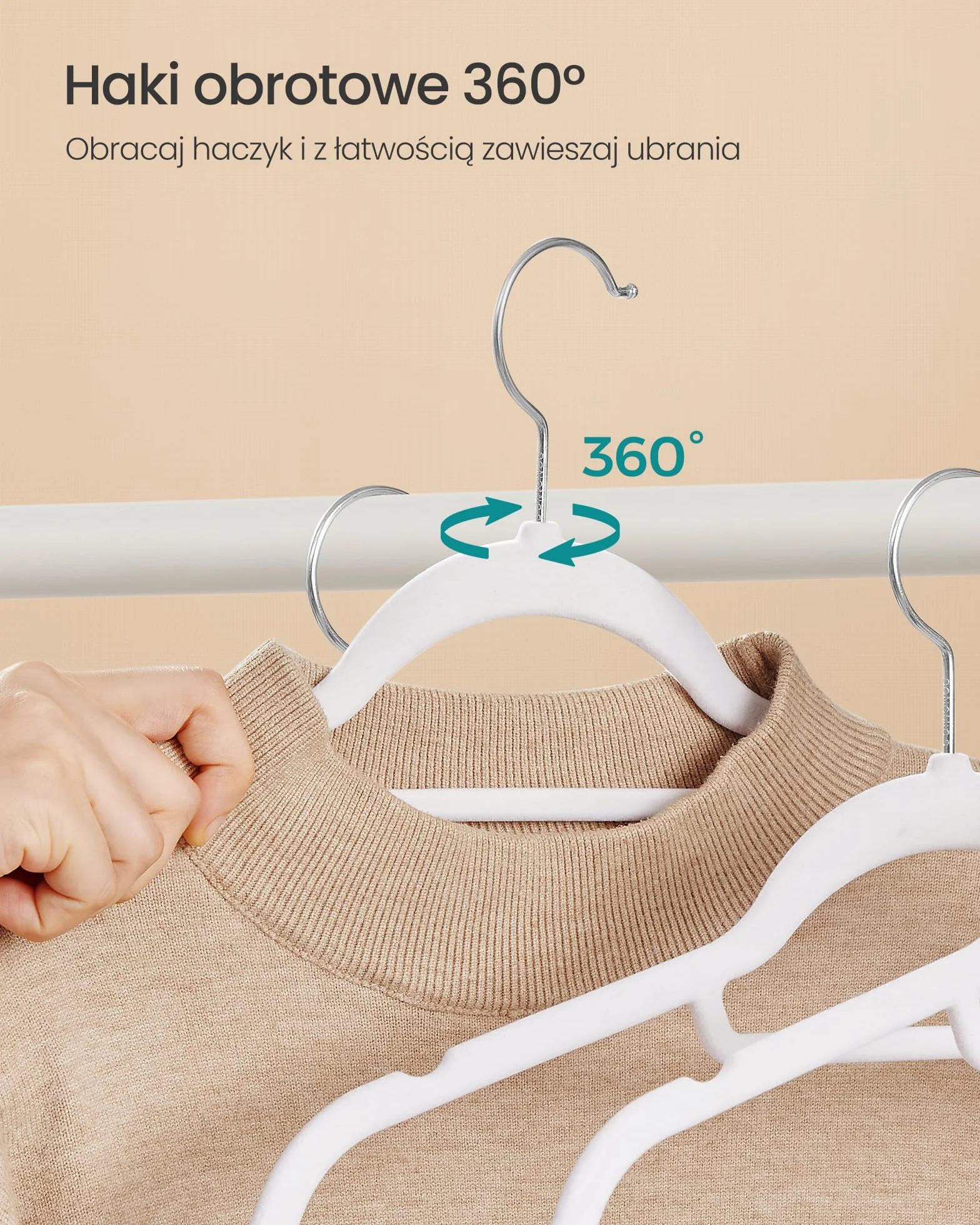 SONGMICS CRF020W02 Wieszak na ubrania, aksamitny, zestaw 50 sztuk, antypoślizgowy, mały drążek na krawat, hak obracany o 360°, grubość 0,6 cm, 43,5 cm długości, srebrno-biały