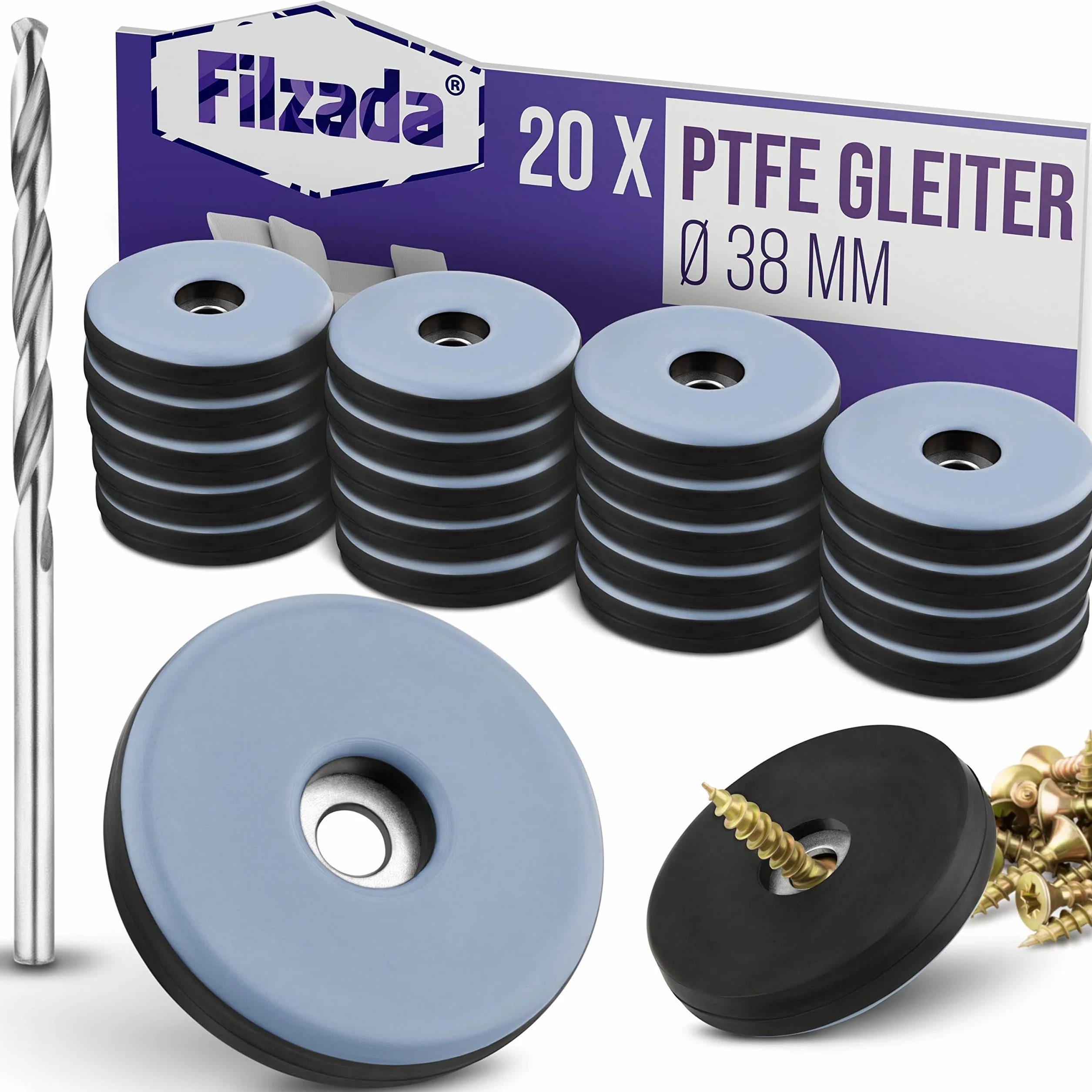 Filzada® 20x Ślizgacze teflonowe do przykręcania - Ø 38 mm (okrągłe) - ślizgacze meblowe/ślizgacze dywanowe PTFE (teflon) wraz z wkrętami
