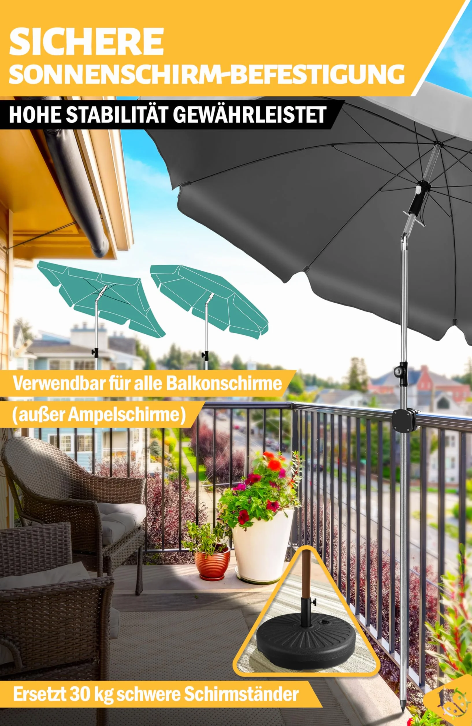 Menz Uchwyt na parasol przeciwsłoneczny, balustrada balkonowa – kompaktowy uchwyt na balustradę balkonową jako bezpieczny stojak na parasol przeciwsłoneczny, elastyczny uchwyt na parasol