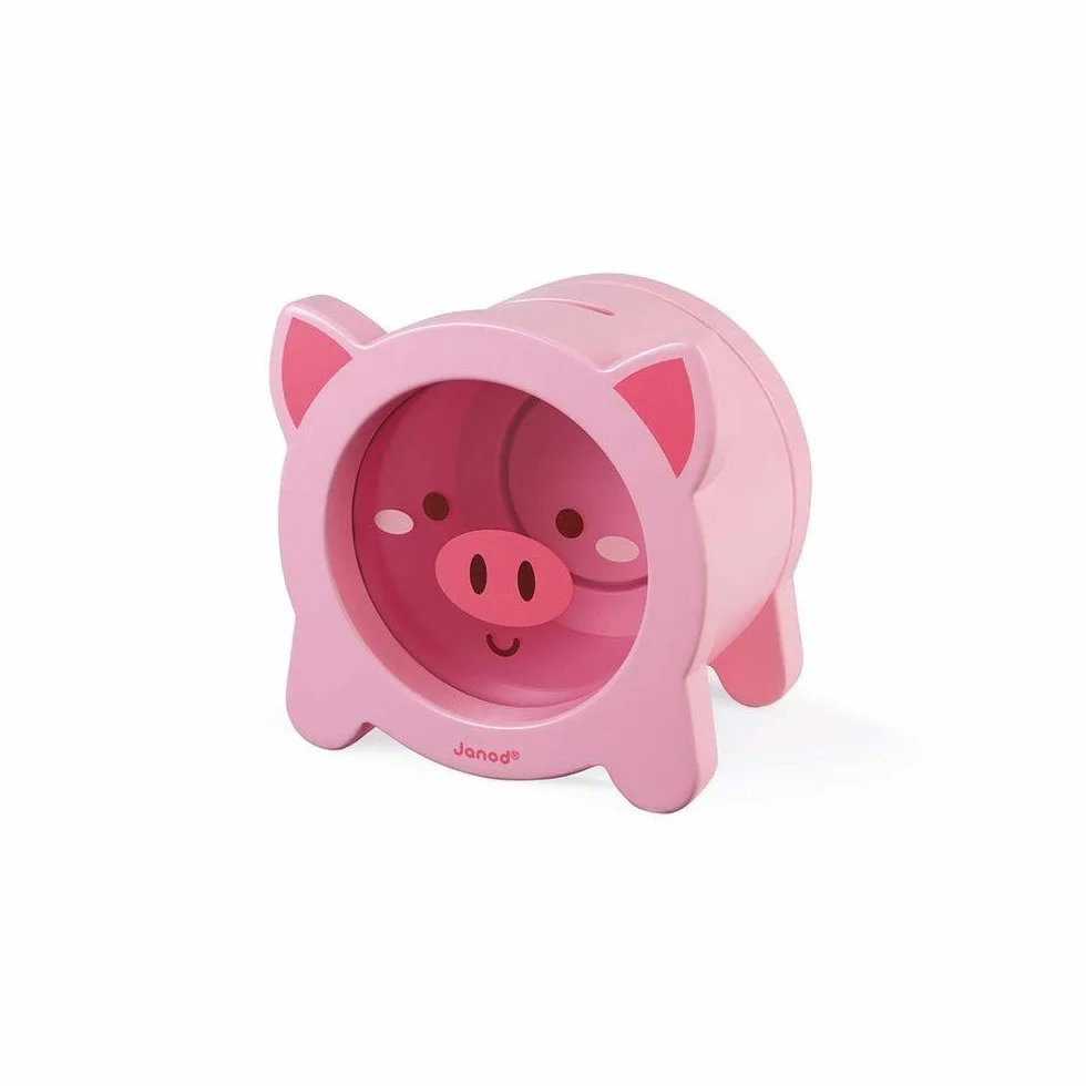Janod - Wooden Children’s Piggy Bank 5.9 inch - See-Through Side and Magnetic Opening - Children's Room Decoration - Suitable for Ages 3 and Up, J04653