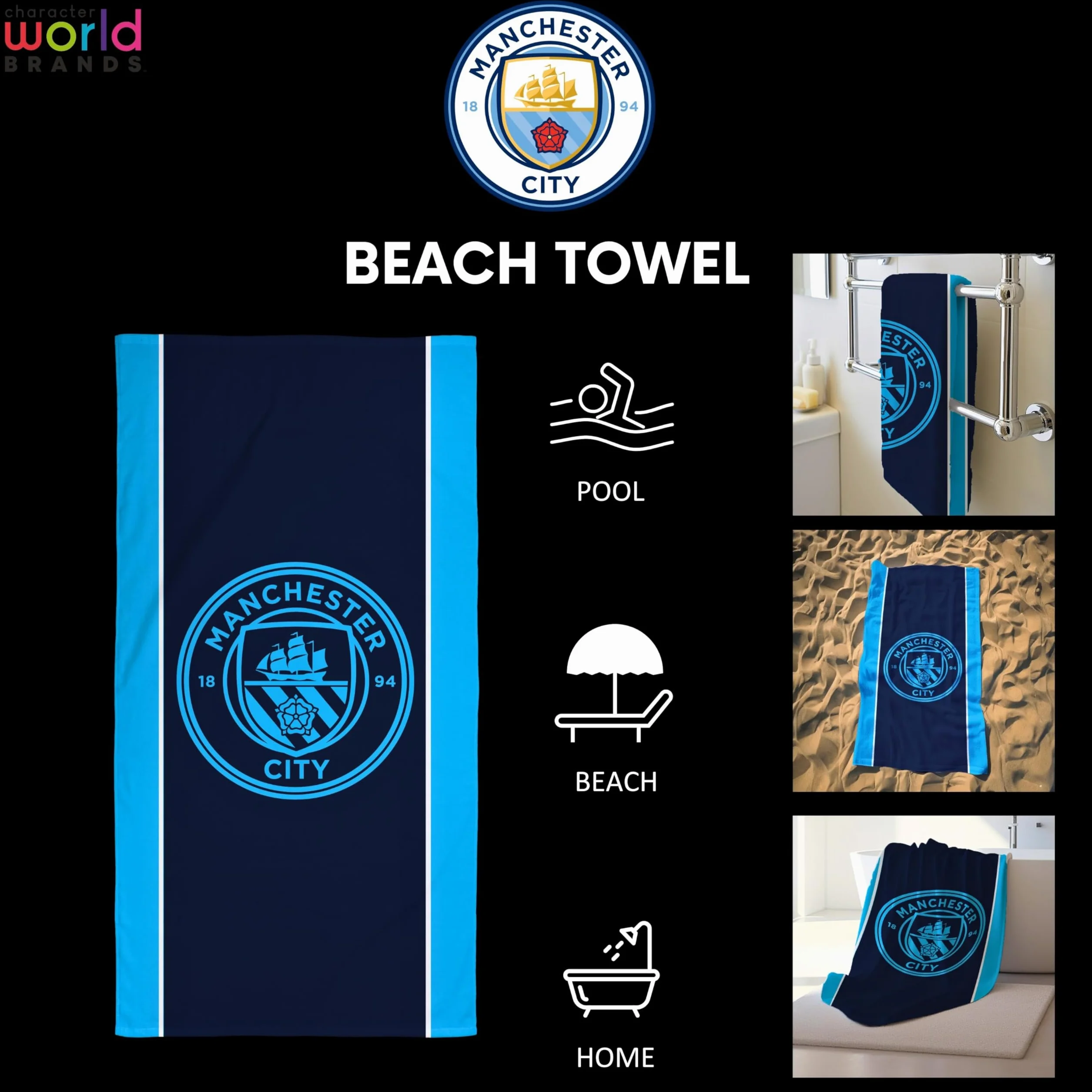 MANCHESTER CITY Ręcznik FC | Super miękki w dotyku, wzór klubu piłkarskiego | idealny do domu, wanny, plaży i basenu, jeden rozmiar 75 cm x 150 cm | 100% bawełna