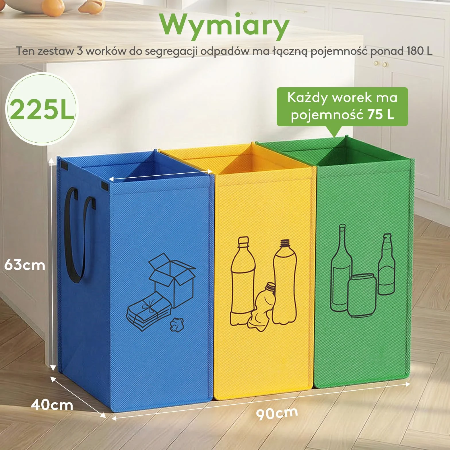 Lifewit System segregacji odpadów do kuchni, kosze na śmieci 3-częściowe na papier, szkło i plastik, pojemniki na recykling, pojemnik na zużyty papier i pojemnik na butelki z depozytem, 3 X 75L, Łatwe