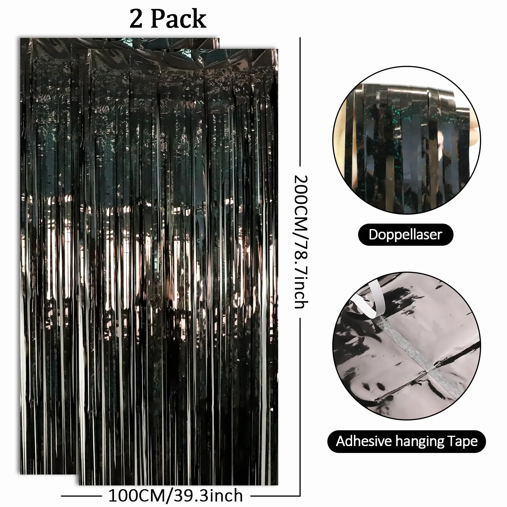 Drucilla Metalowa Zasłona z frędzlami, 2 sztuki, błyszcząca aluminiowa zasłona z frędzlami do dekoracji na urodziny, drzwi, okno, imprezę, ślub, ścianę, 1 x 2 m, czarna